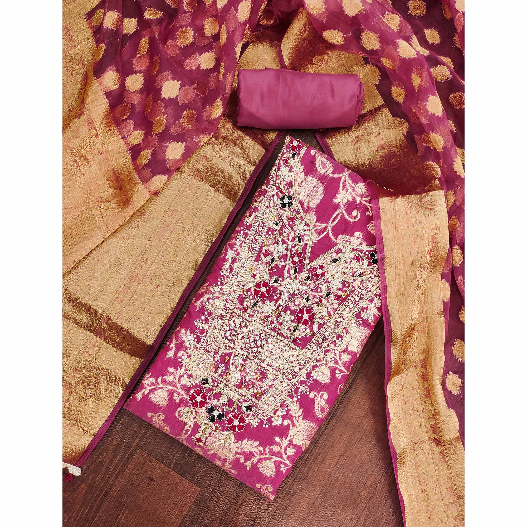 Pink Banarasi Silk Dress Material Featuring Floral Weaving With Cording & Sequins Embroidery - Image 3