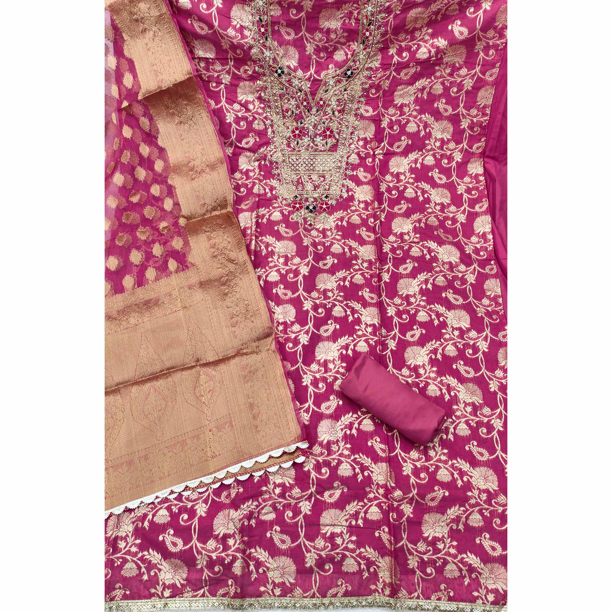 Pink Banarasi Silk Dress Material Featuring Floral Weaving With Cording & Sequins Embroidery - Image 4