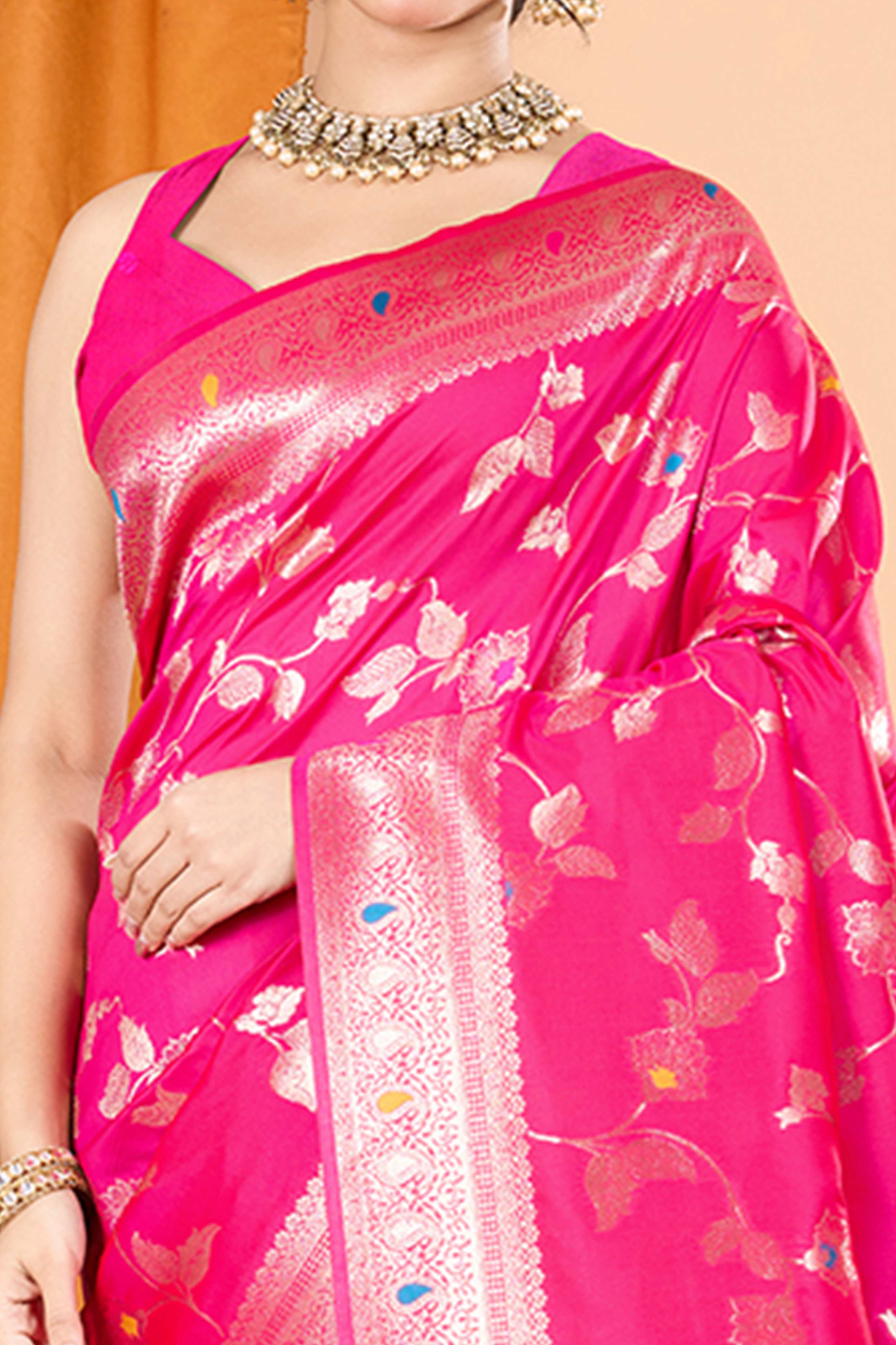 Pink Banarasi Silk Saree With Exquisite Floral Zari Weaving and Elegant Tassels - Image 2