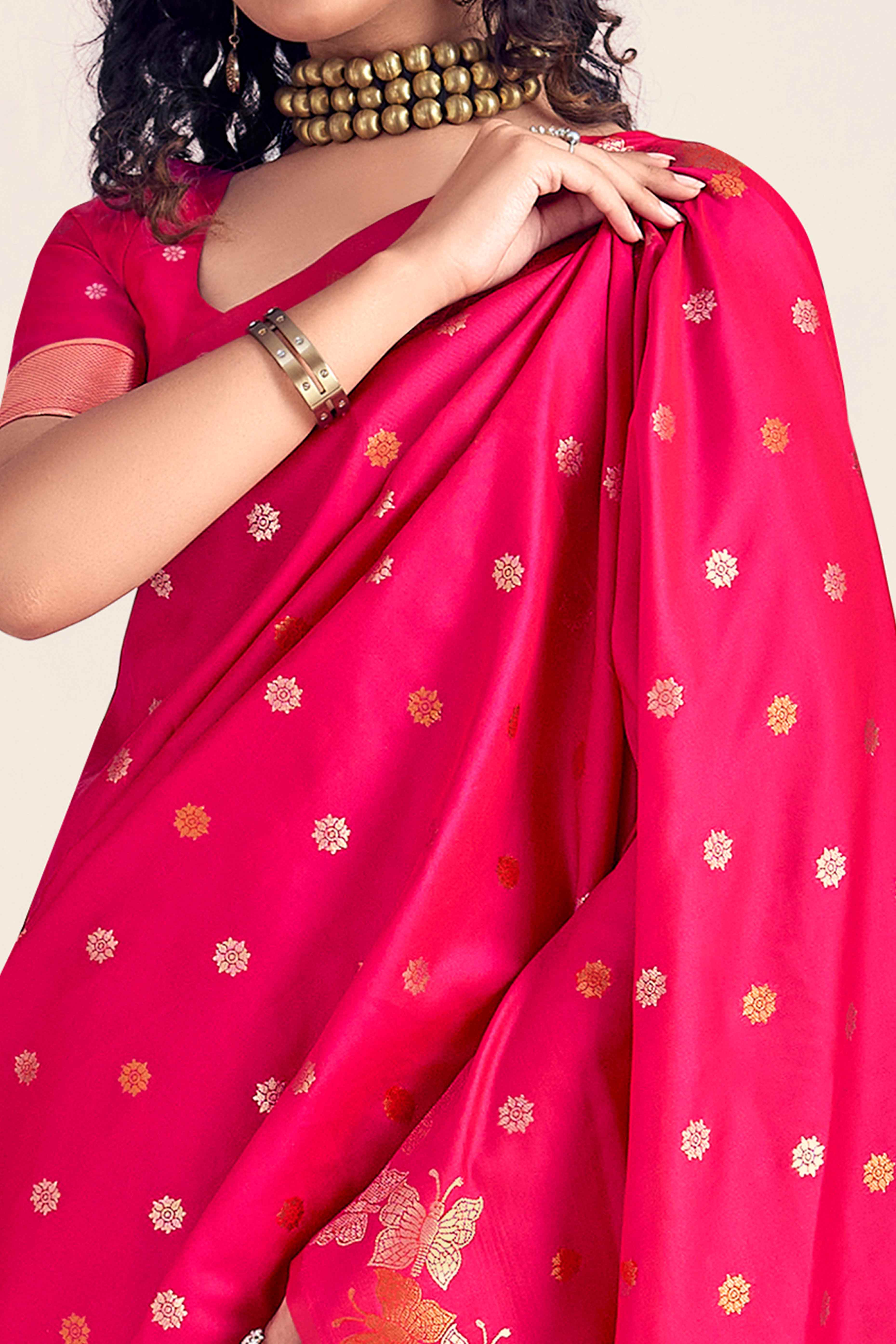 Pink Banarasi Silk Saree With Zari Woven Floral & Butterfly Motifs - Image 2
