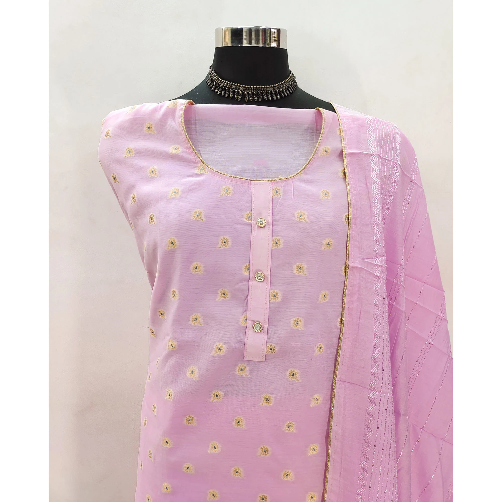 Pink Banarasi Silk Traditional Weaving Dress Material - Image 4