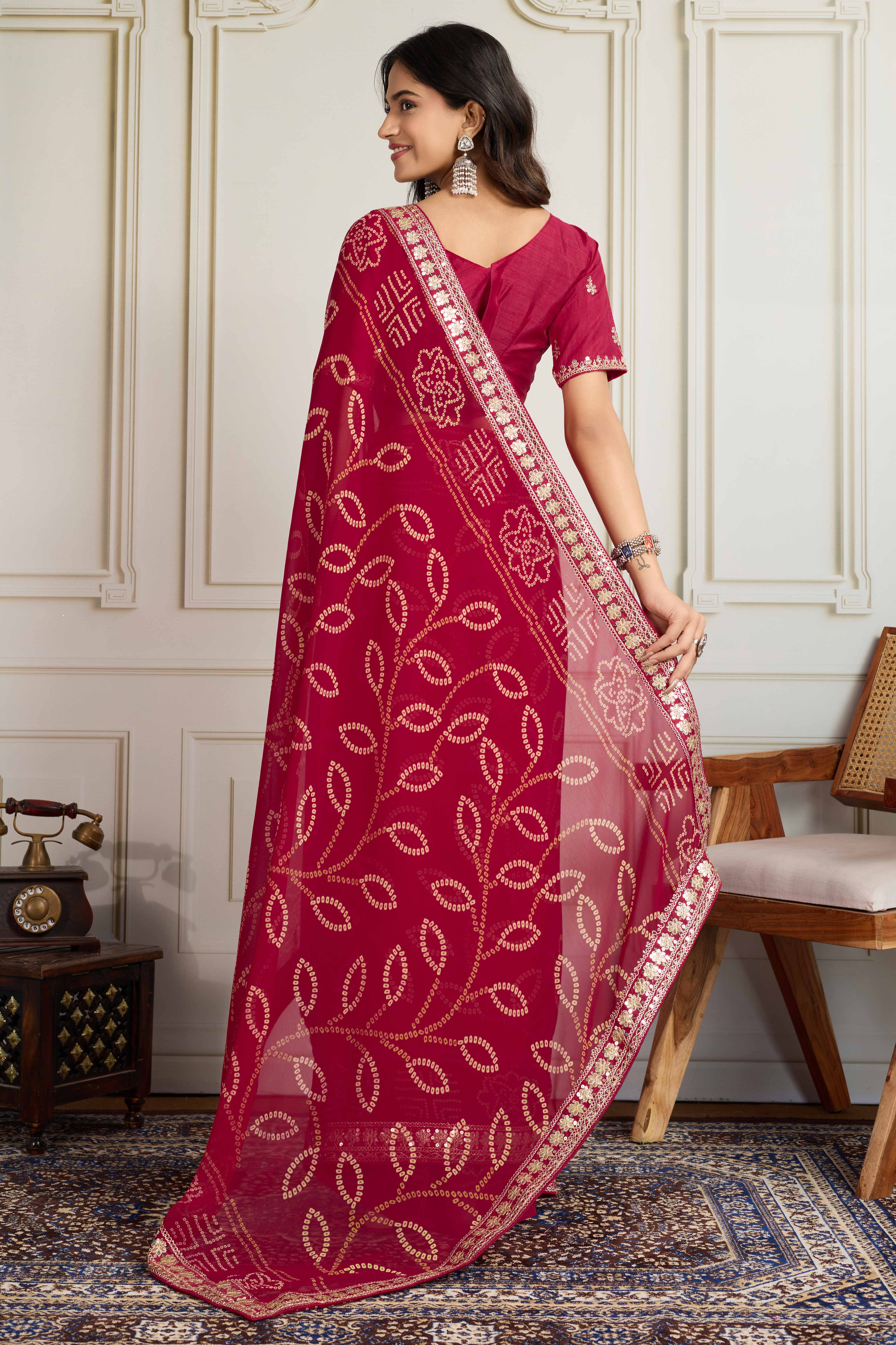 Pink Bandhani Digital Printed Georgette Saree Enhanced With Cording Embroidered Border - Image 7