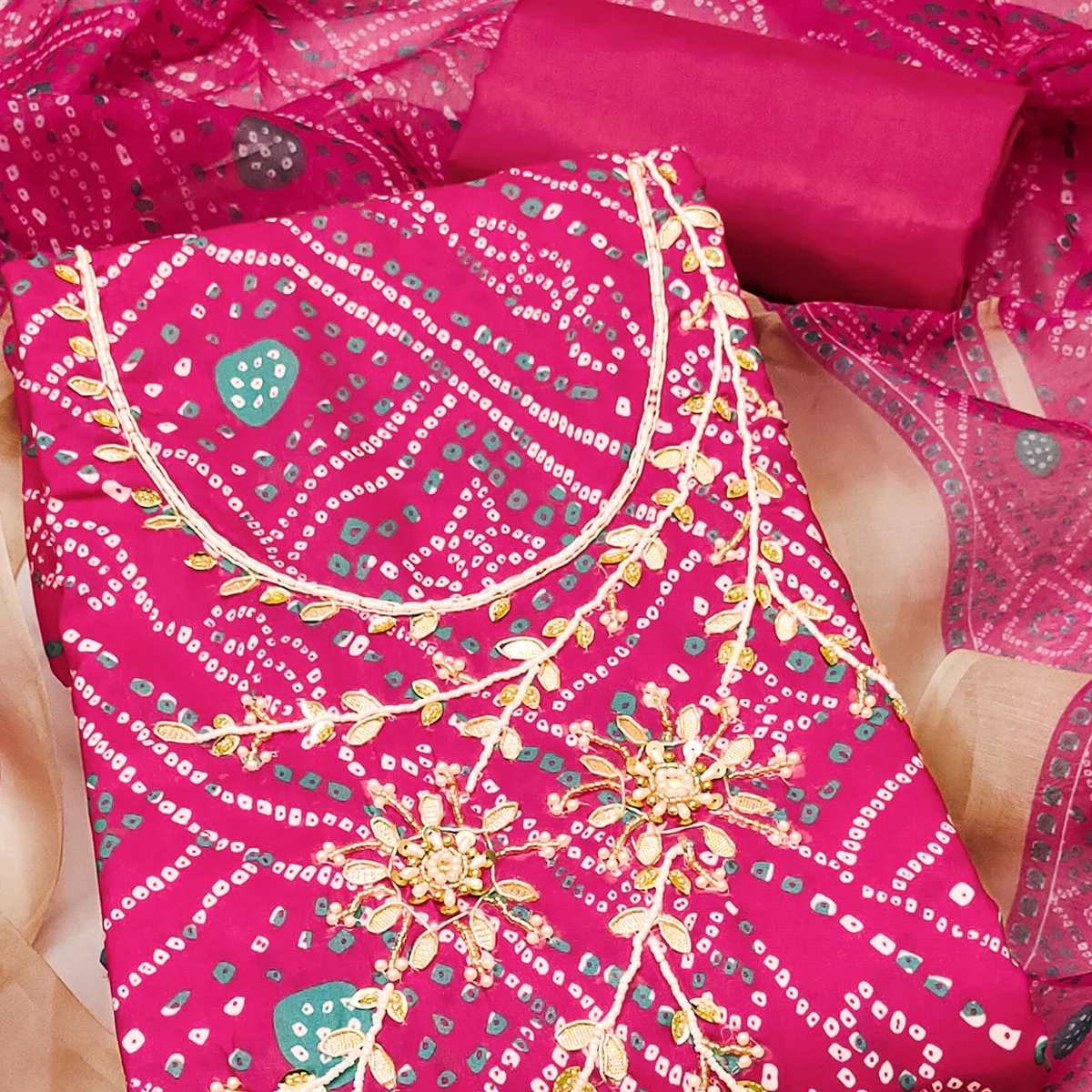Pink Bandhani Print Unstitched Dress Material with Beautiful Gotta Patti Work for Festive Wear - Image 2