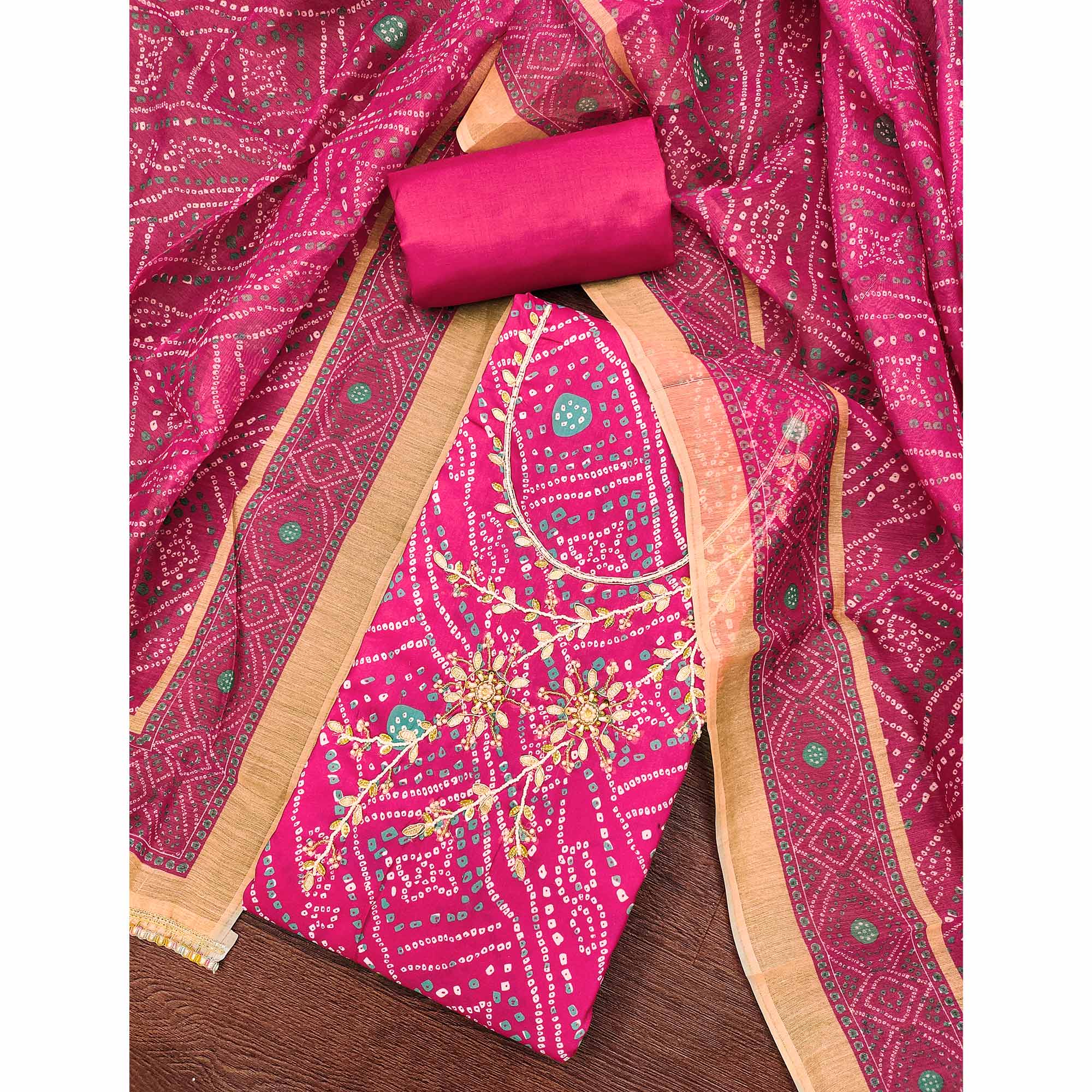 Pink Bandhani Print Unstitched Dress Material with Beautiful Gotta Patti Work for Festive Wear - Image 3