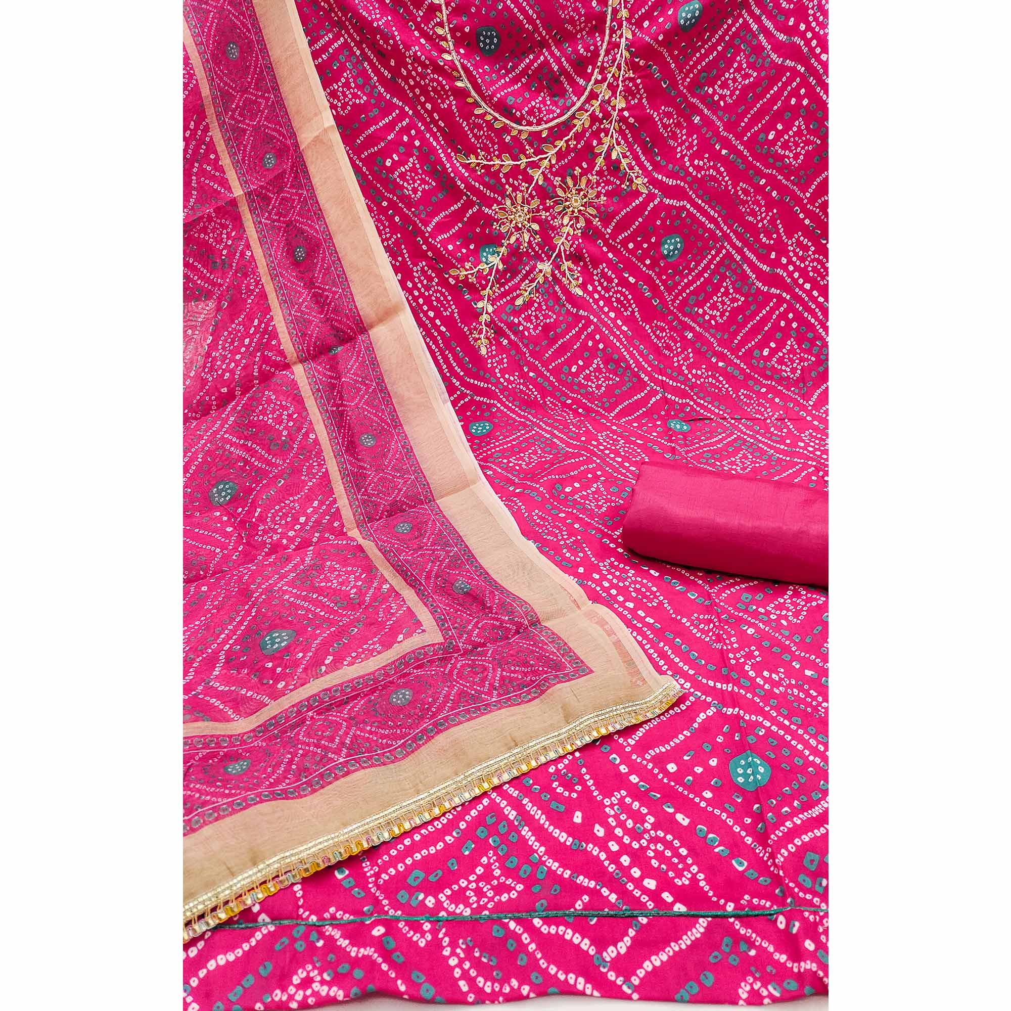Pink Bandhani Print Unstitched Dress Material with Beautiful Gotta Patti Work for Festive Wear - Image 4