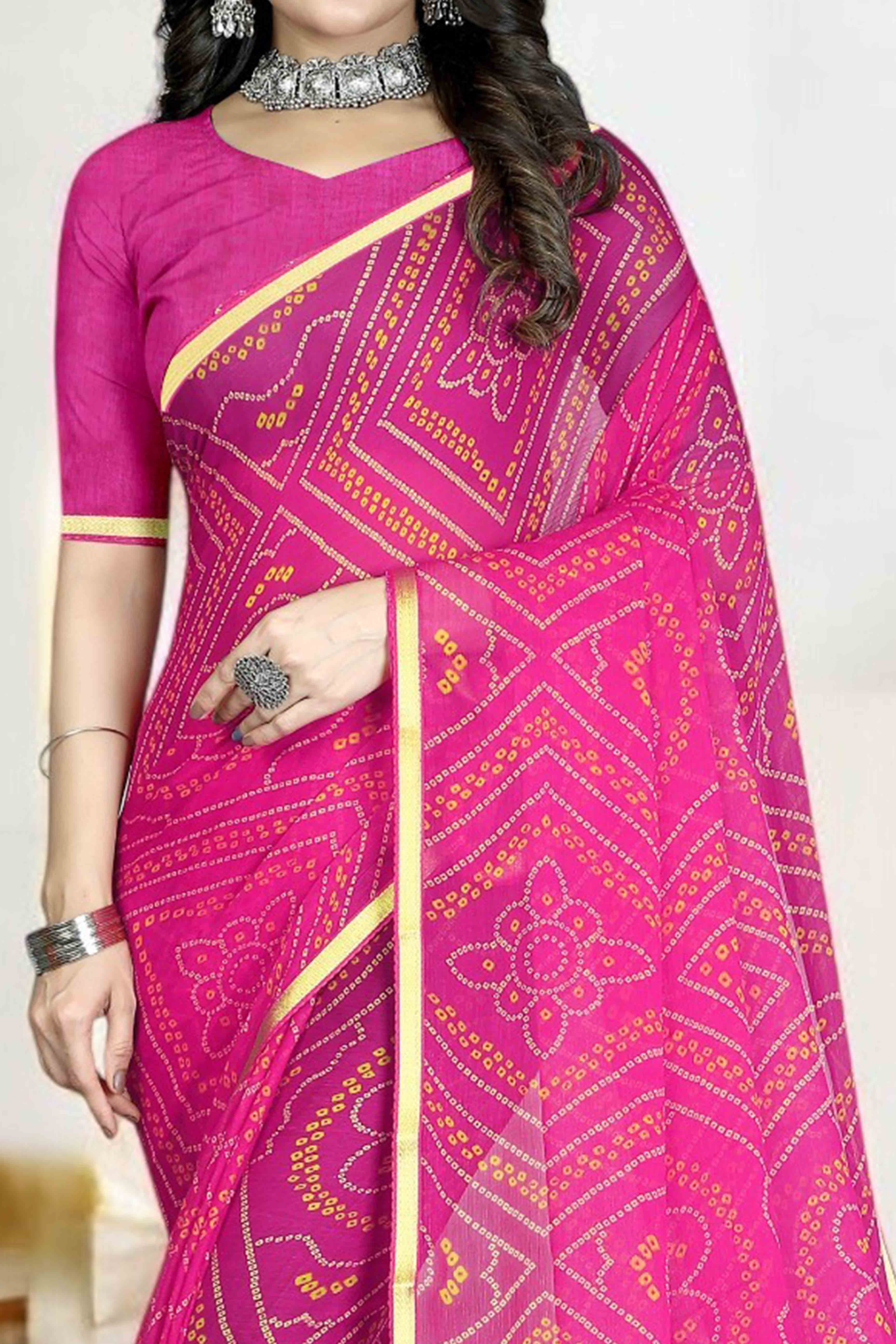 Pink Bandhani Printed Chiffon Saree With Lace Border - Image 2