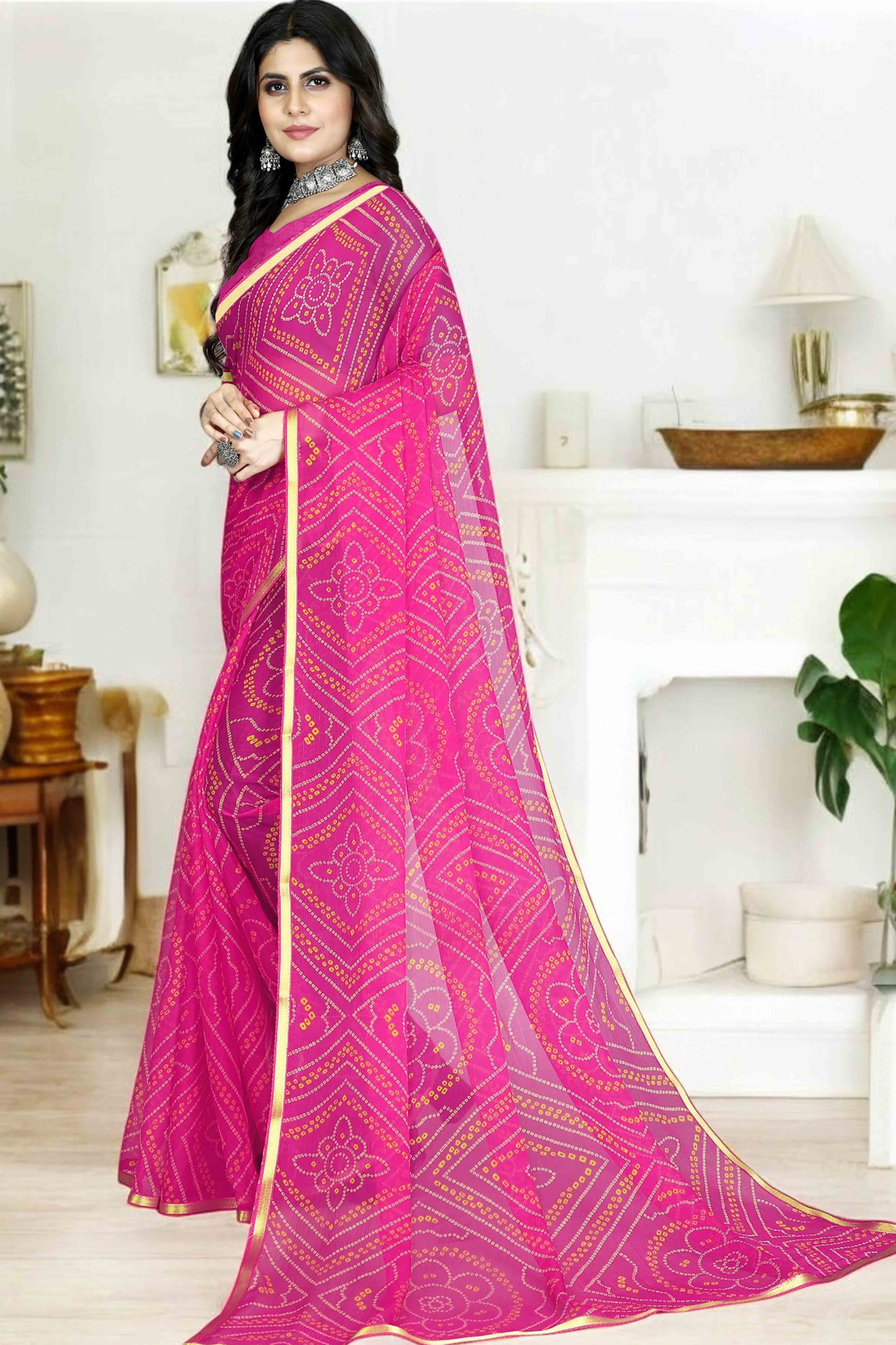 Pink Bandhani Printed Chiffon Saree With Lace Border - Image 3