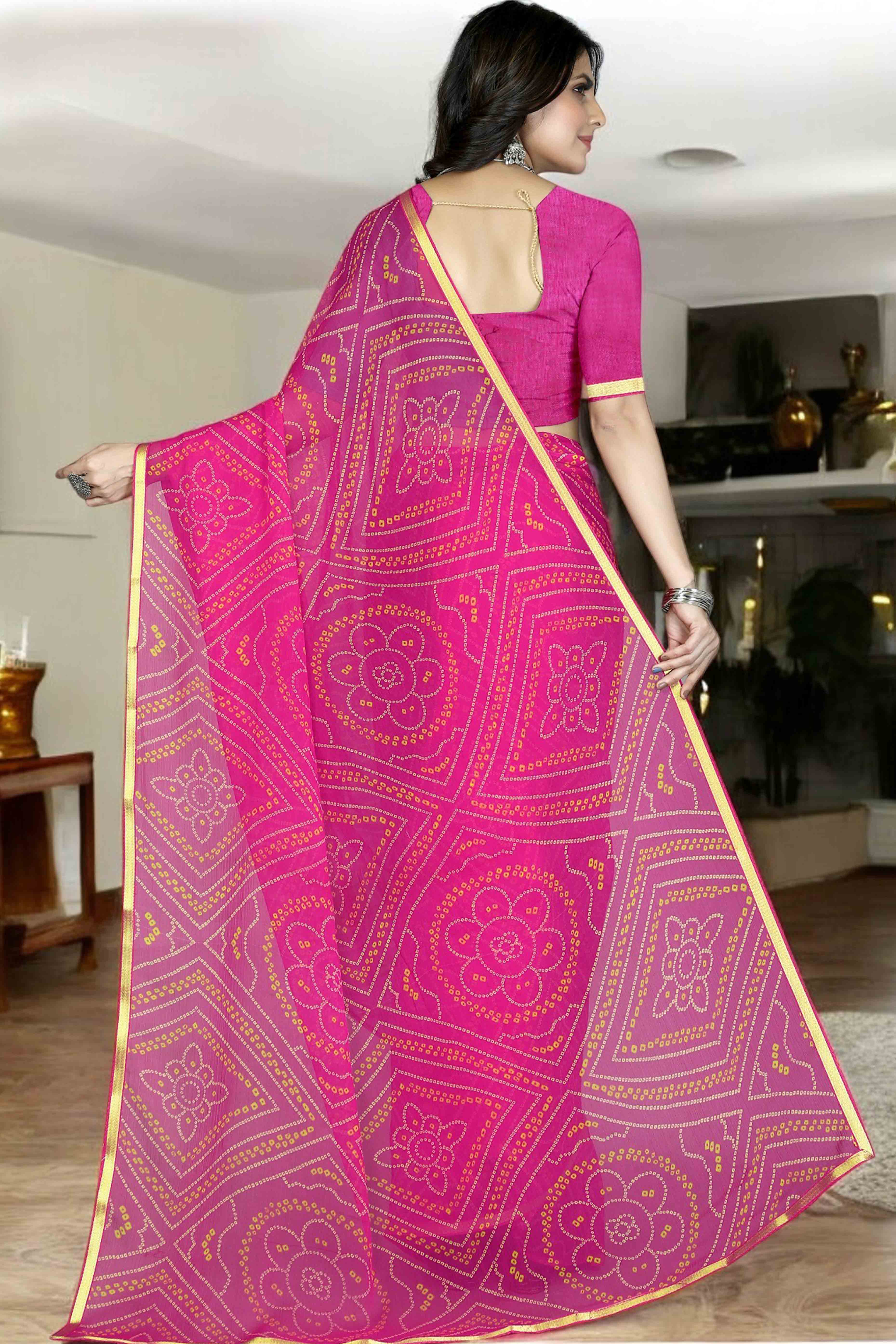 Pink Bandhani Printed Chiffon Saree With Lace Border - Image 4