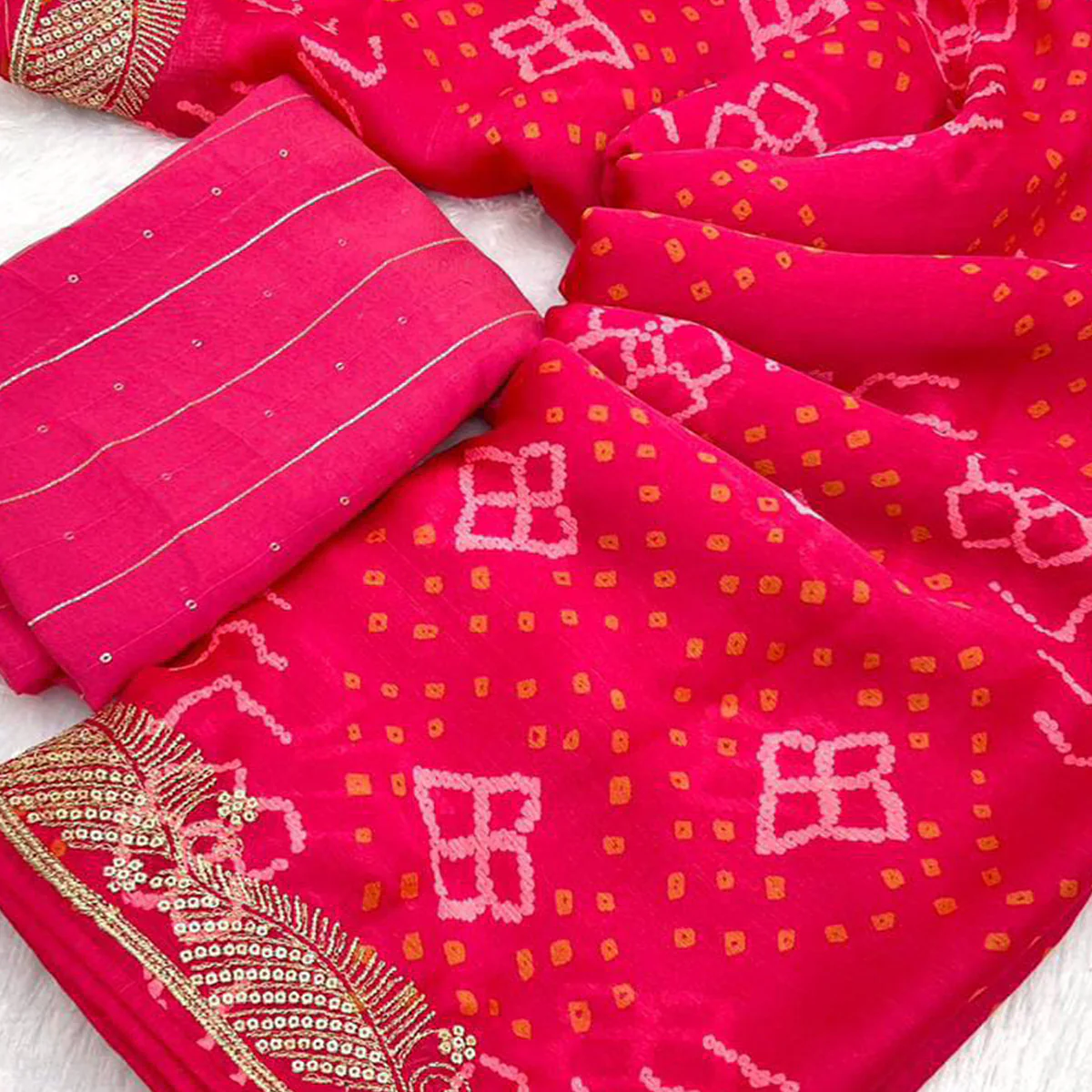 Pink Bandhani Printed Chiffon Saree With Sequins Embroidered Border - Image 2