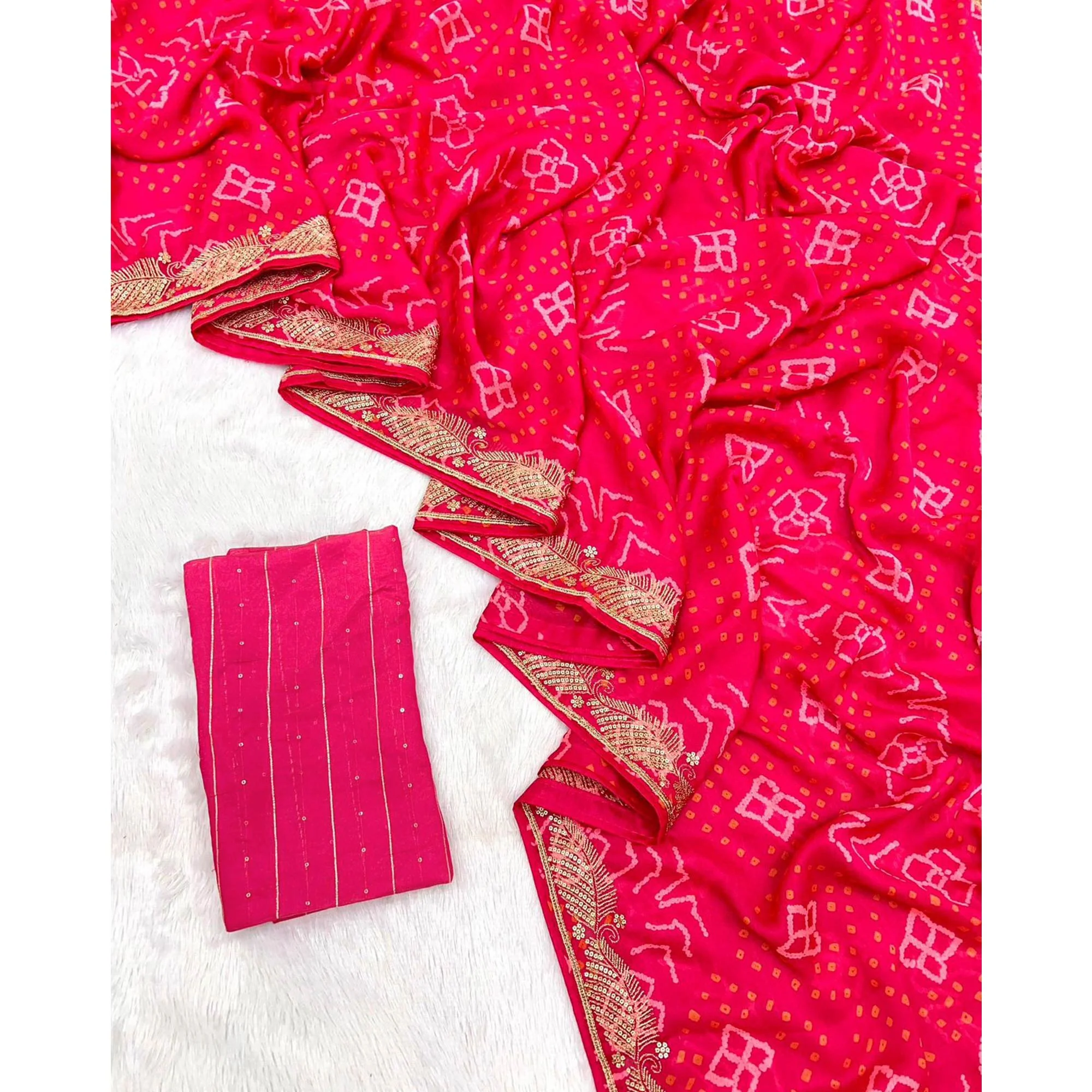 Pink Bandhani Printed Chiffon Saree With Sequins Embroidered Border - Image 3