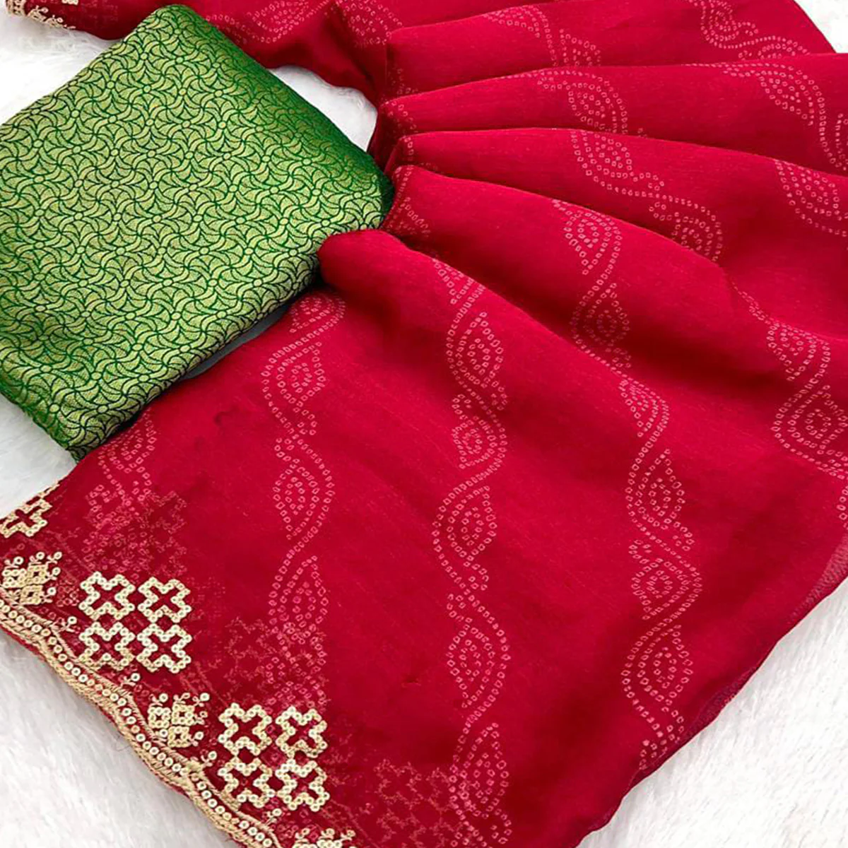 Pink Bandhani Printed Chiffon Saree With Sequins Embroidered Border - Image 2