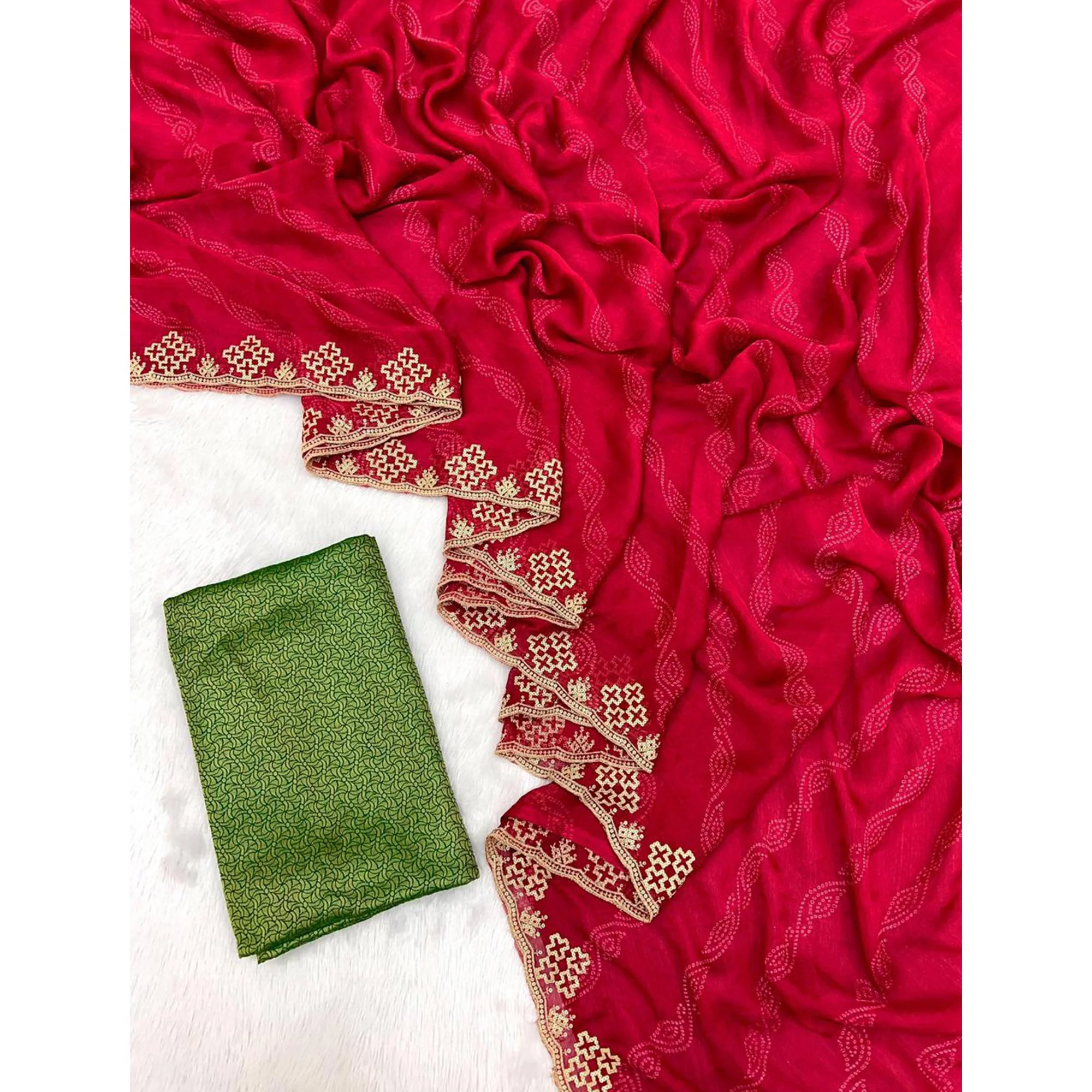 Pink Bandhani Printed Chiffon Saree With Sequins Embroidered Border - Image 3