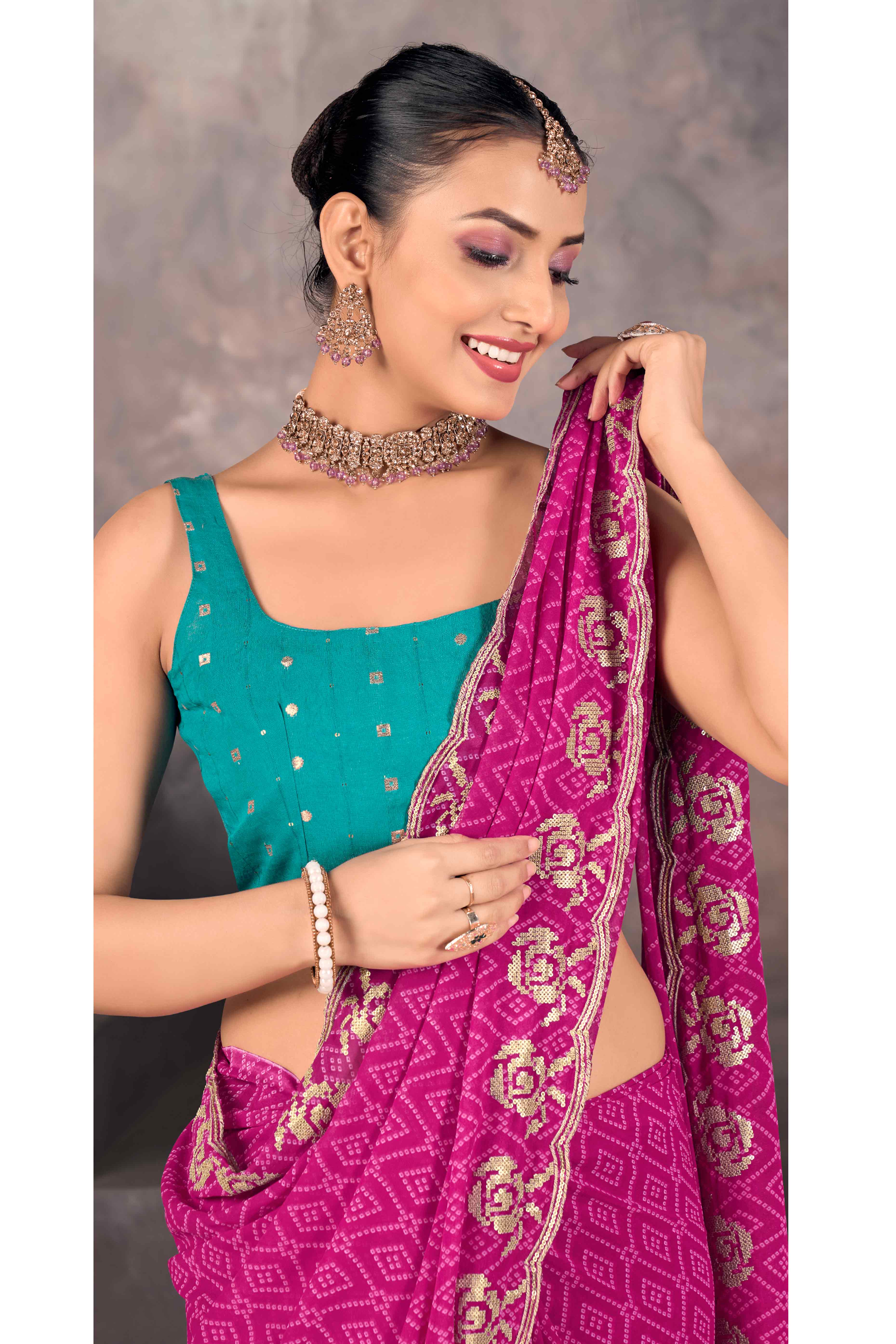 Pink Bandhani Printed Georgette Saree - Image 4