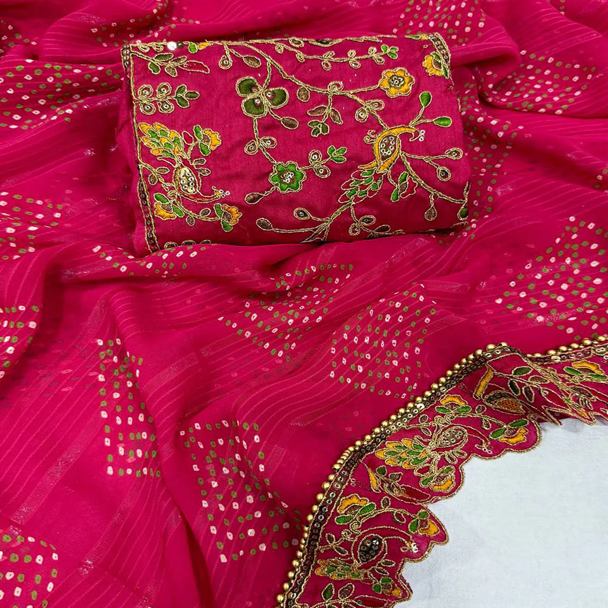 Pink Bandhani Printed Georgette Saree for Festive Wear with Lace Border - Image 2