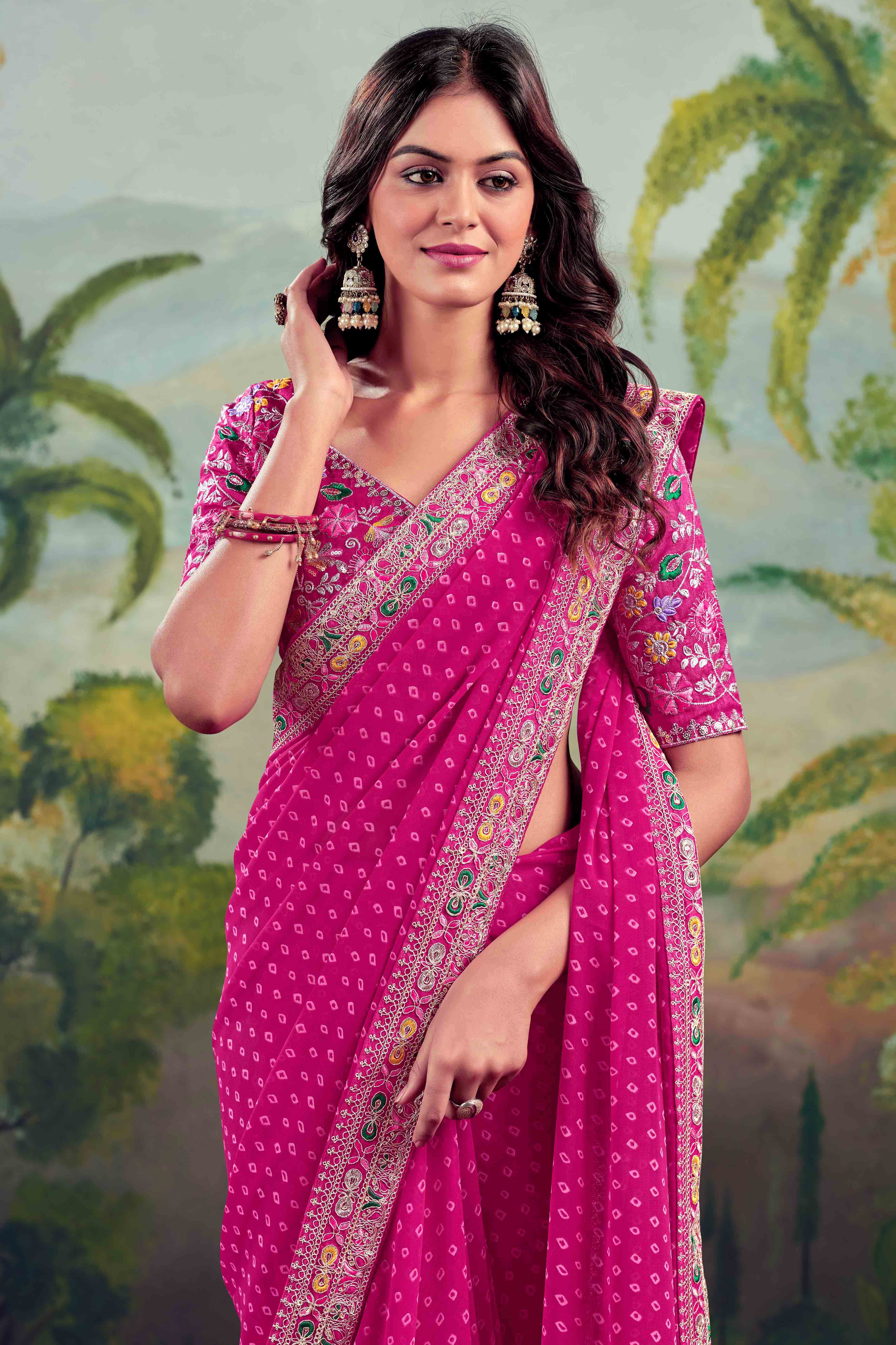 Pink Bandhani Printed Georgette Saree With Embroidered Border - Image 3
