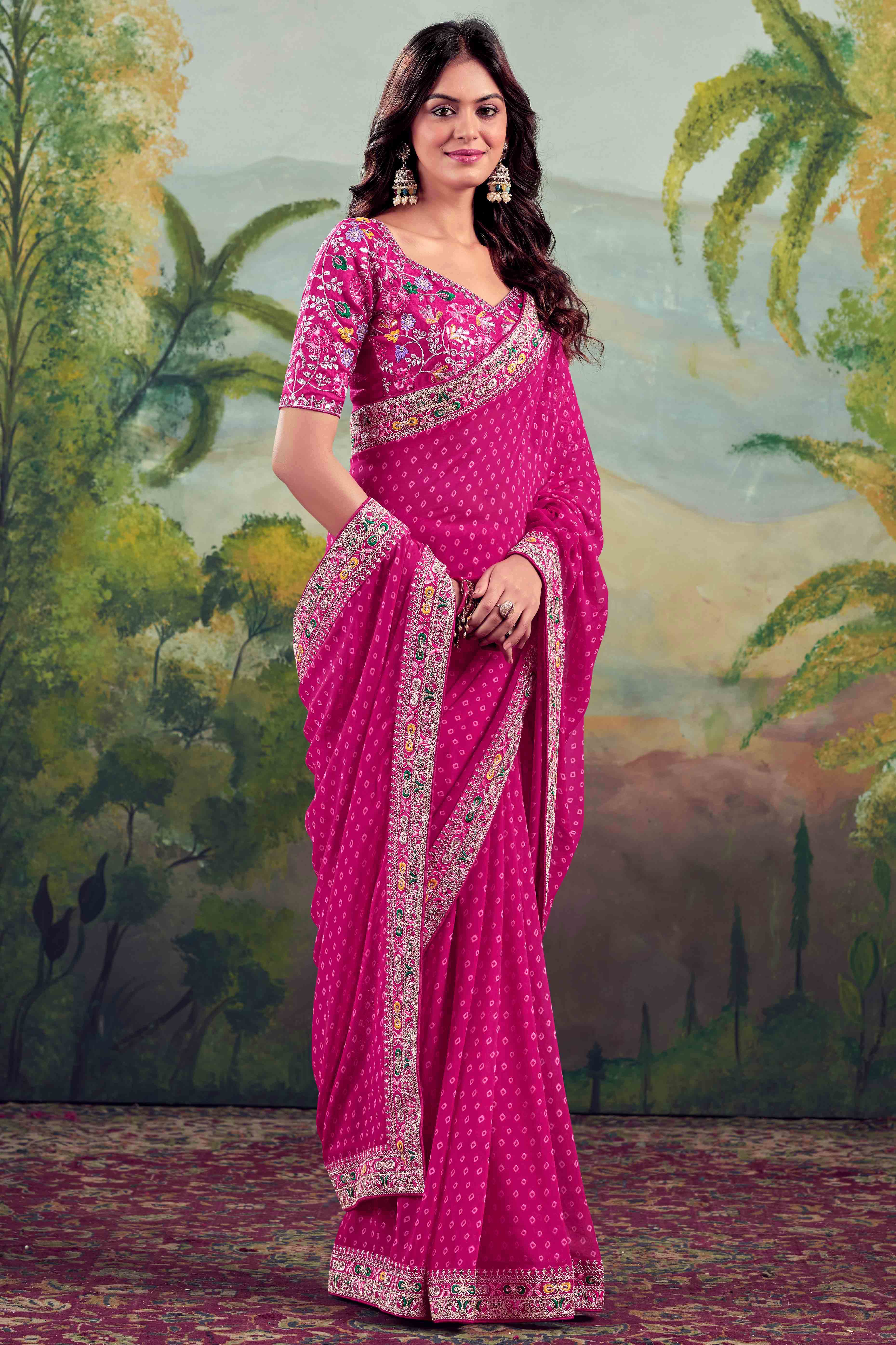 Pink Bandhani Printed Georgette Saree With Embroidered Border - Image 4