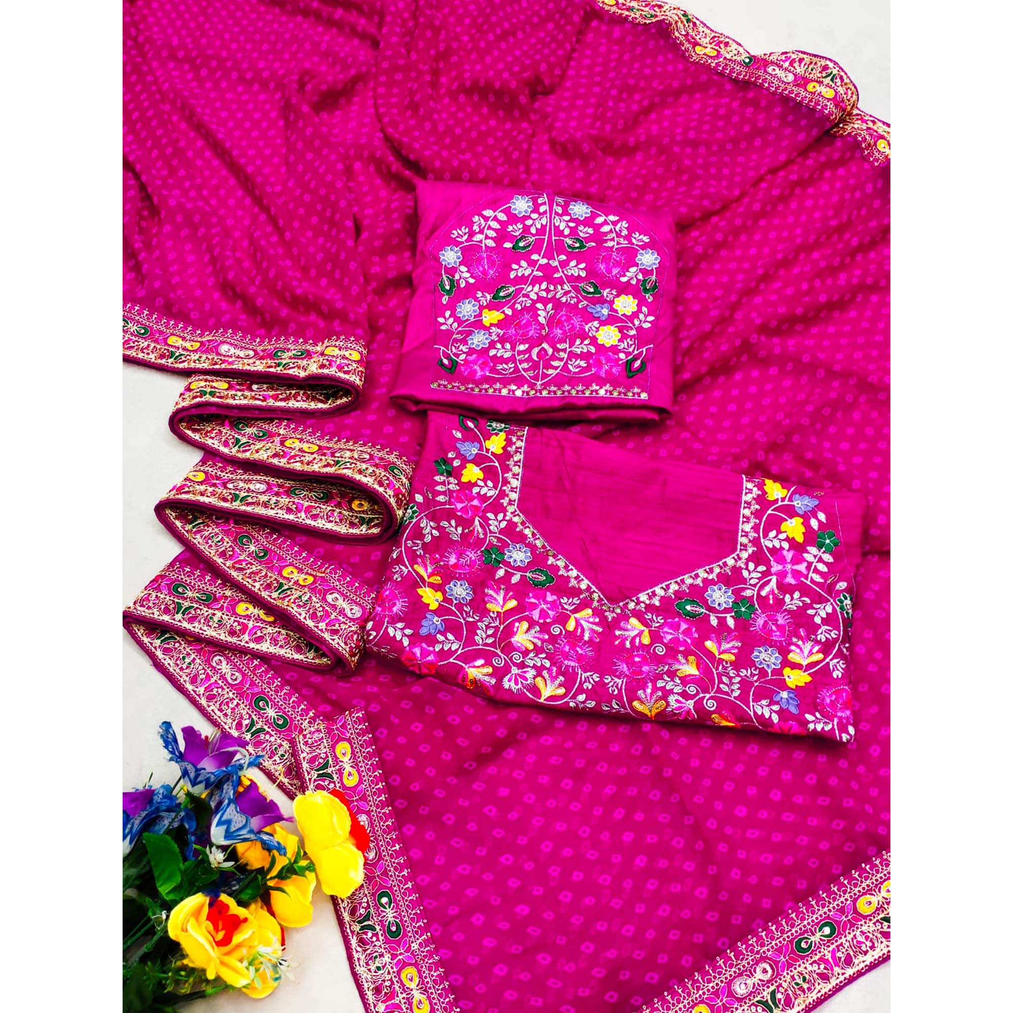 Pink Bandhani Printed Georgette Saree With Embroidered Border - Image 7