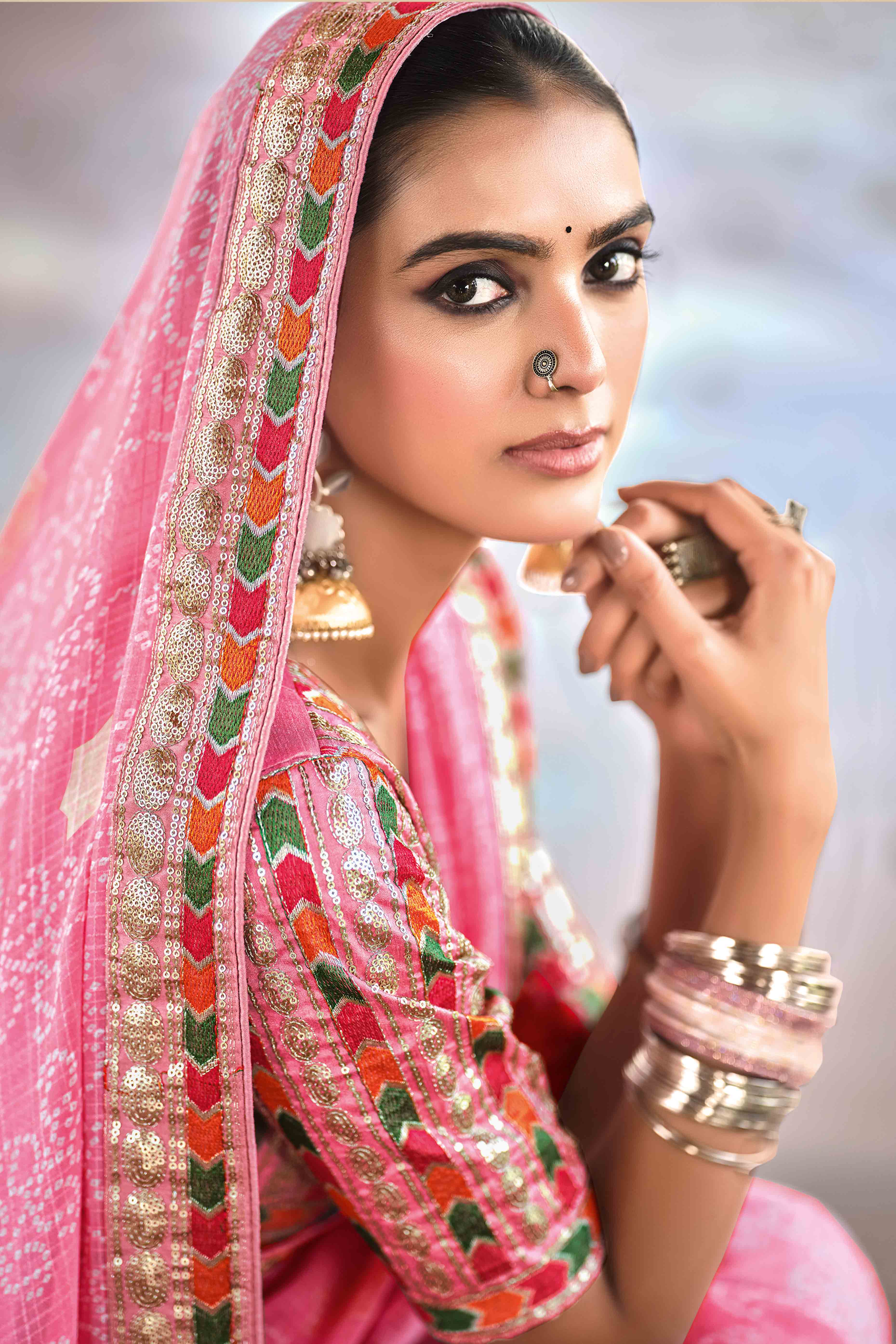 Pink Bandhani Printed Georgette Saree With Glittering Sequin Embroidered Border - Image 3