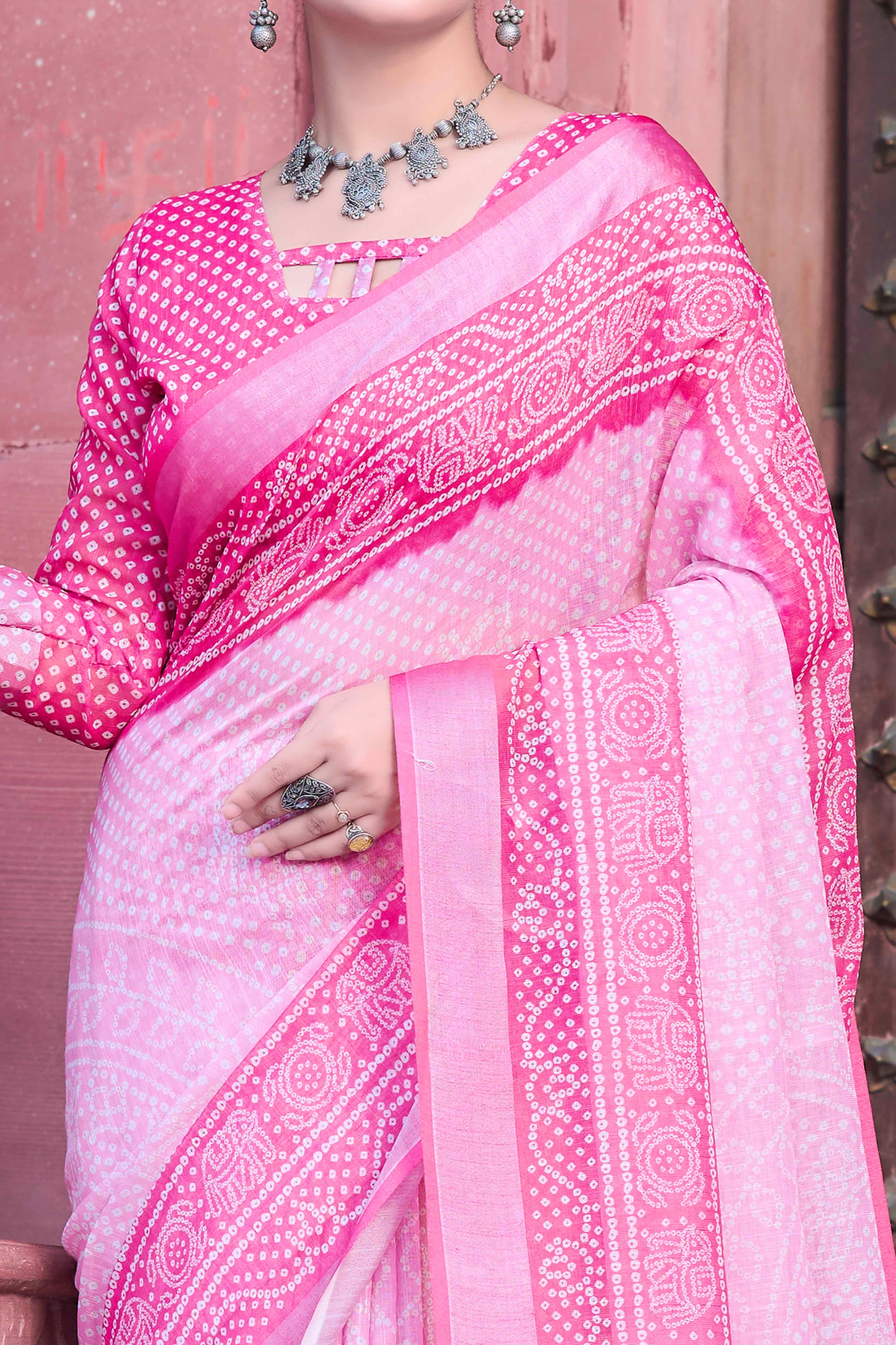 Pink Bandhani Printed Linen Saree - Image 2