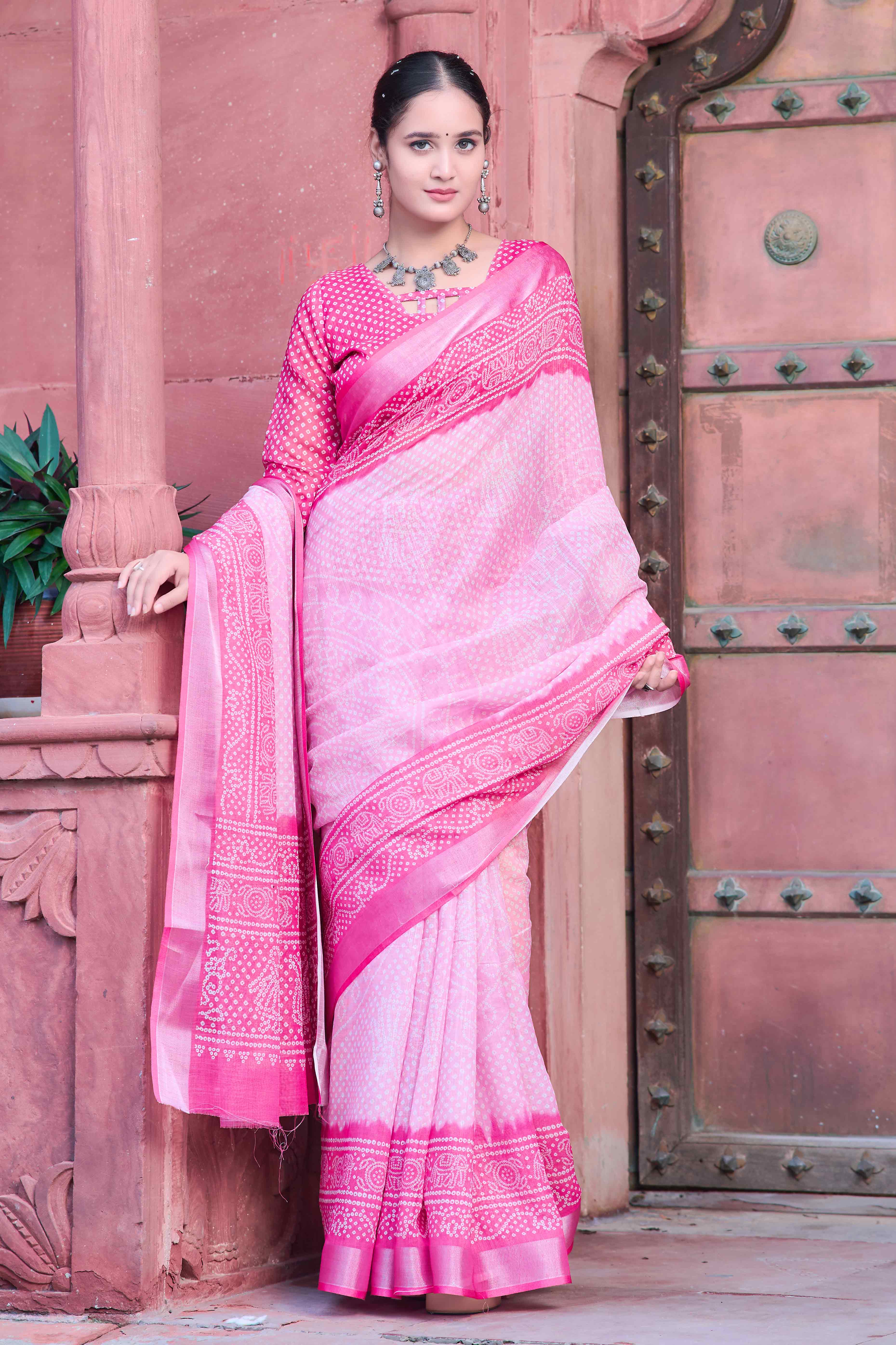 Pink Bandhani Printed Linen Saree - Image 5
