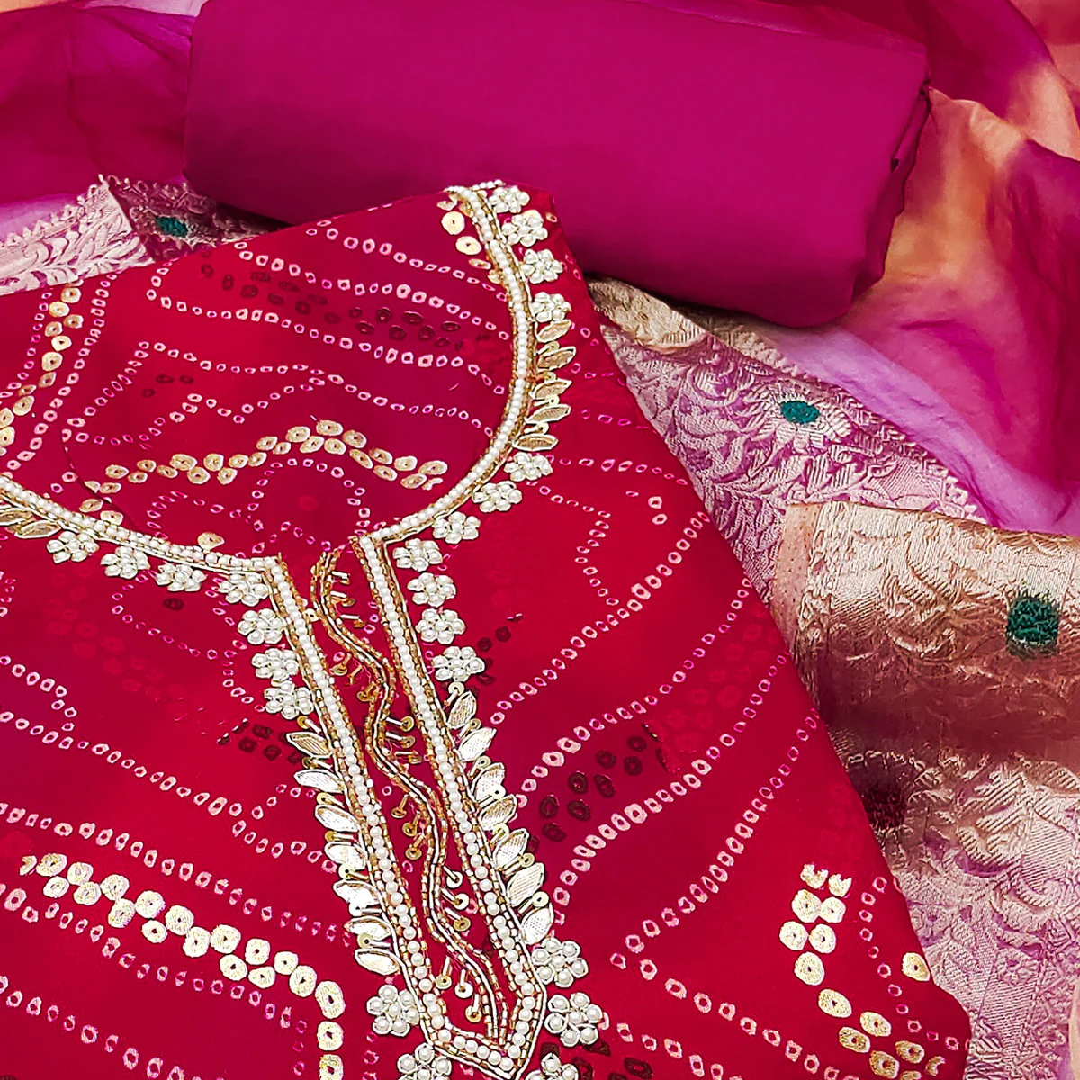 Pink Bandhani Printed Pure Cotton Dress Material With Artistic Moti & Gota Patti Handwork - Image 2