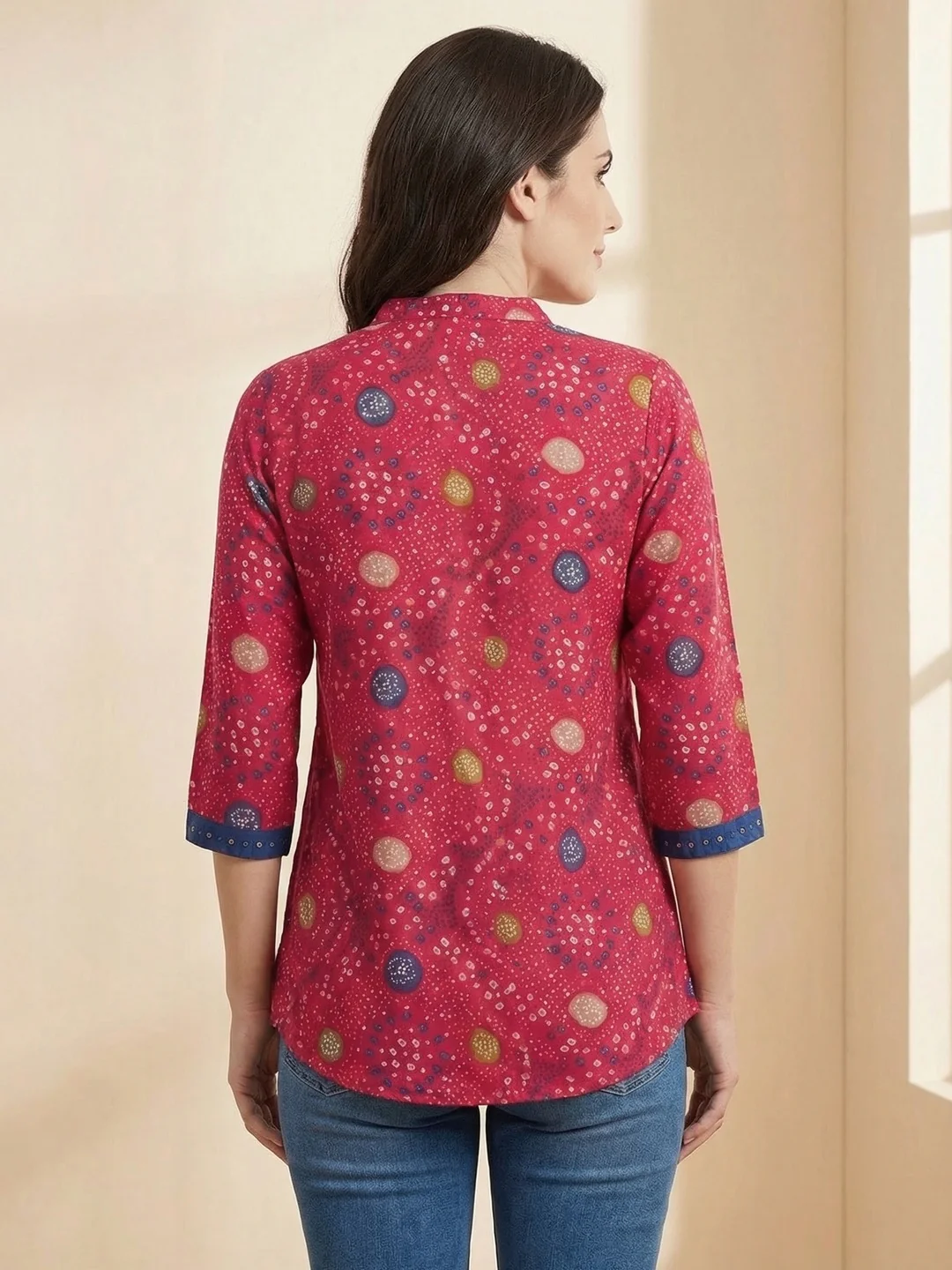 Pink Bandhani Printed Rayon A-Line Top with Mandarin Collar - Image 3