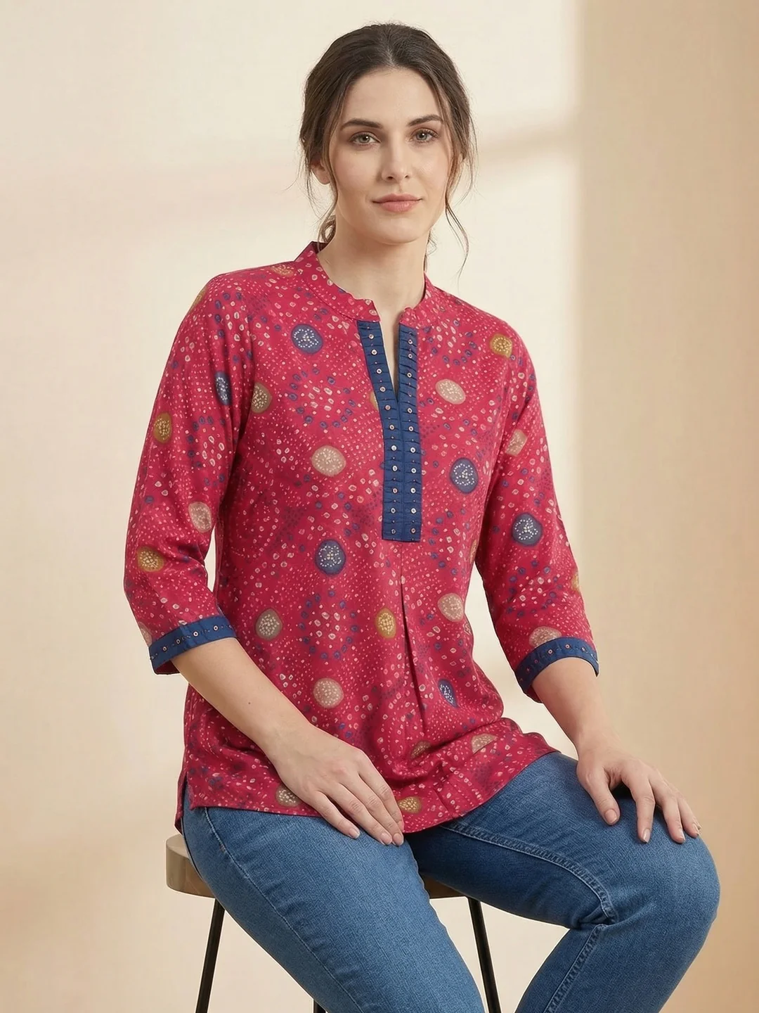 Pink Bandhani Printed Rayon A-Line Top with Mandarin Collar - Image 4