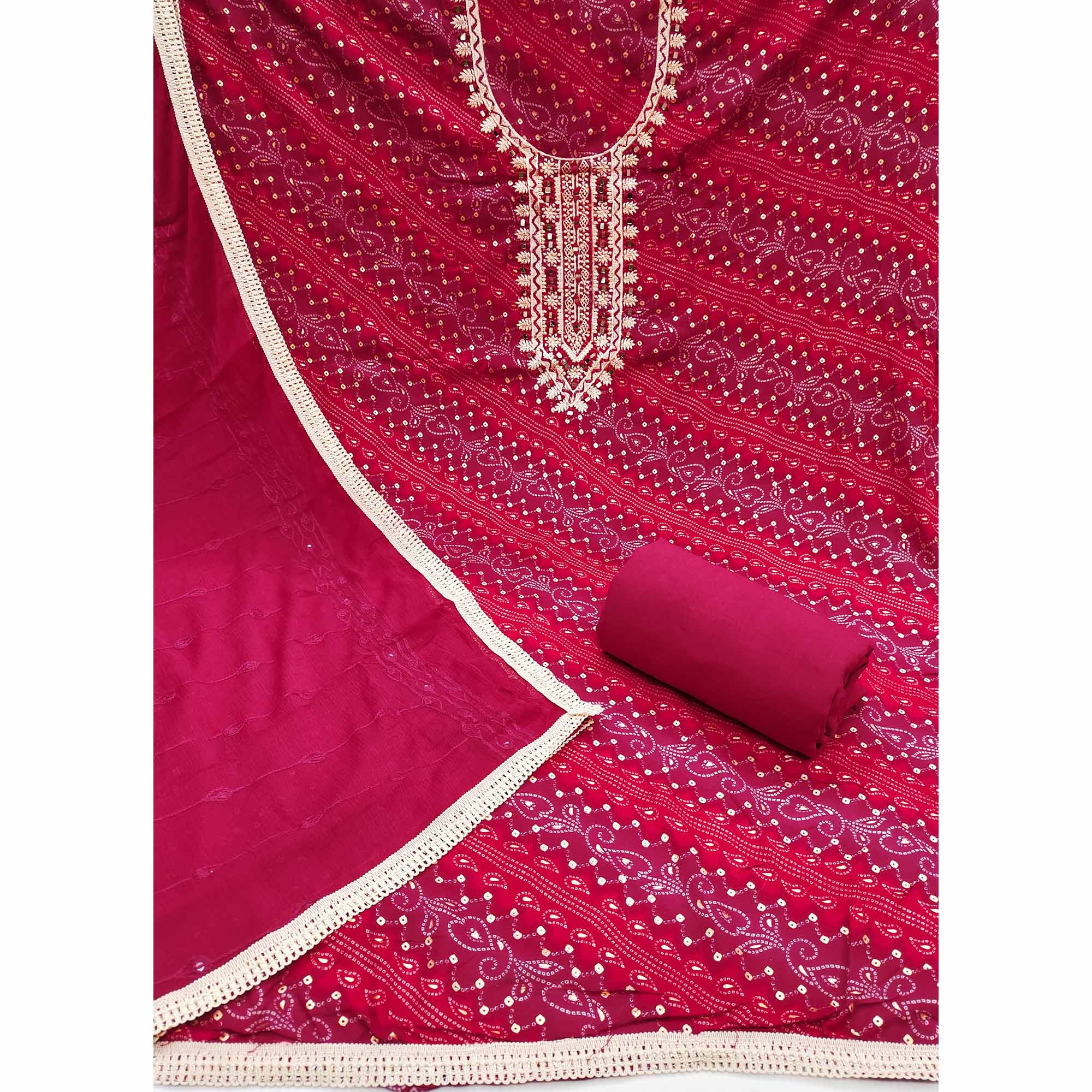 Pink Bandhani Printed With Embroidered Rayon Dress Material - Image 3