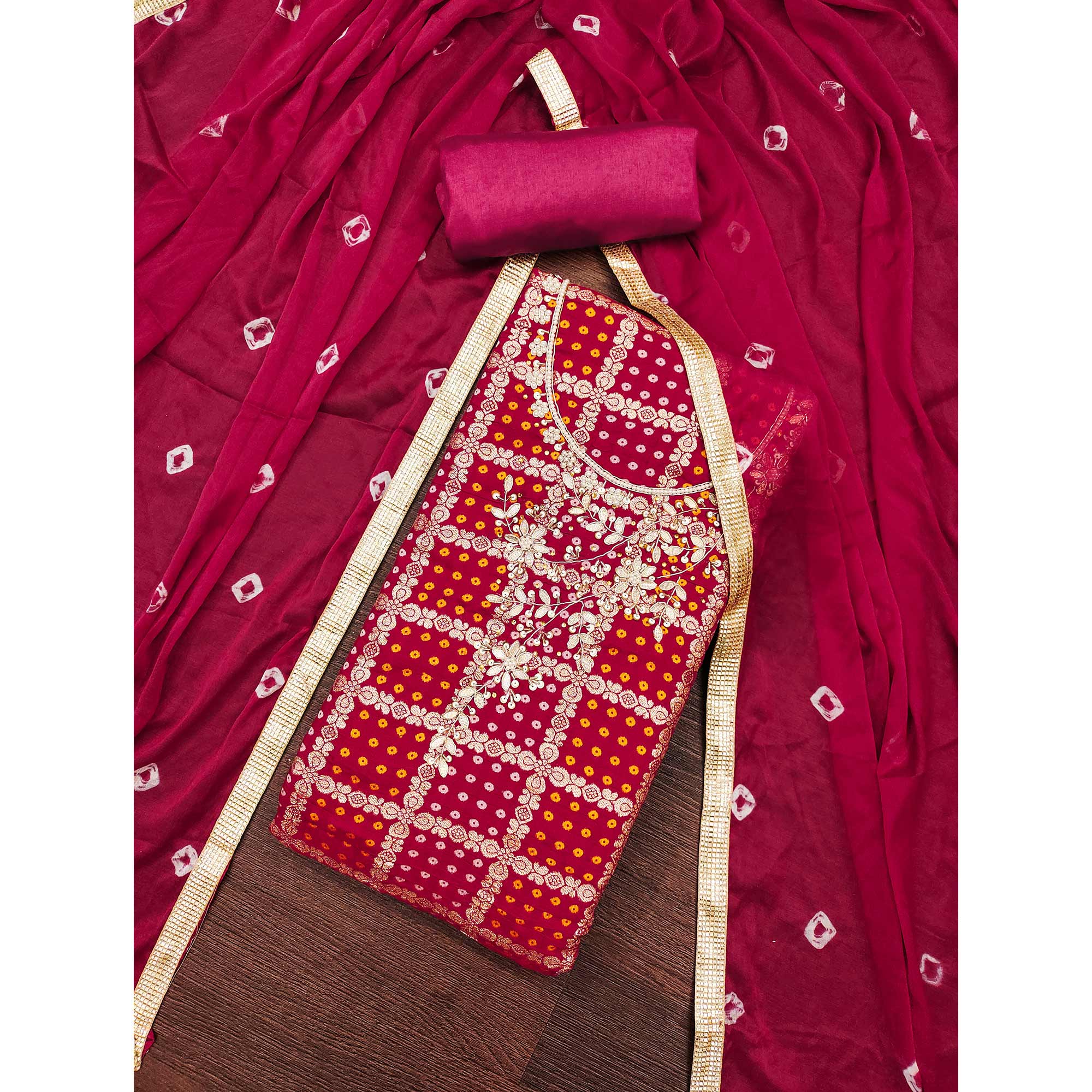Pink Bandhani Woven With Handwork Cotton Silk Banarasi Dress Material - Image 3