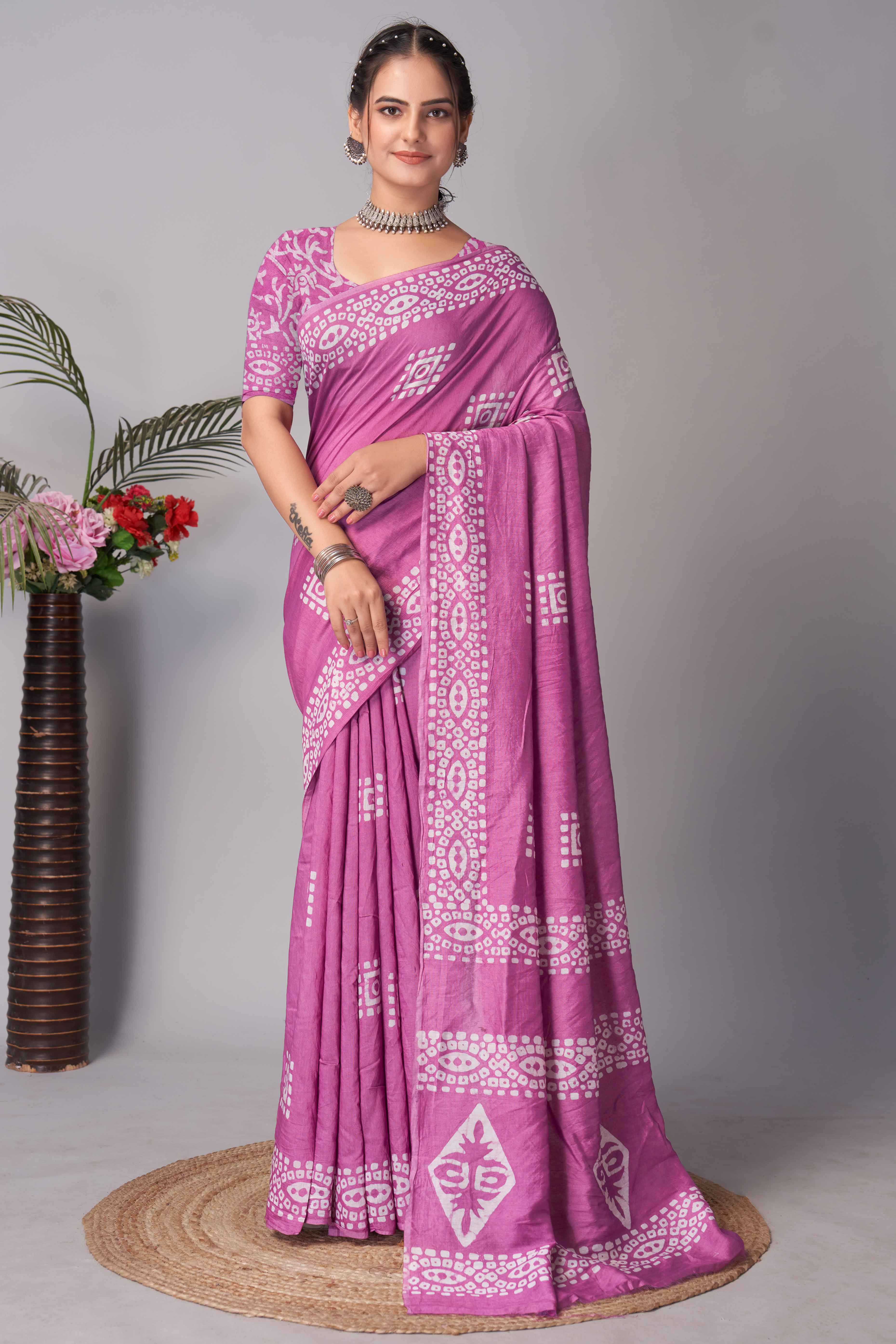 Pink Batik Printed Chanderi Cotton Silk Saree - Image 3