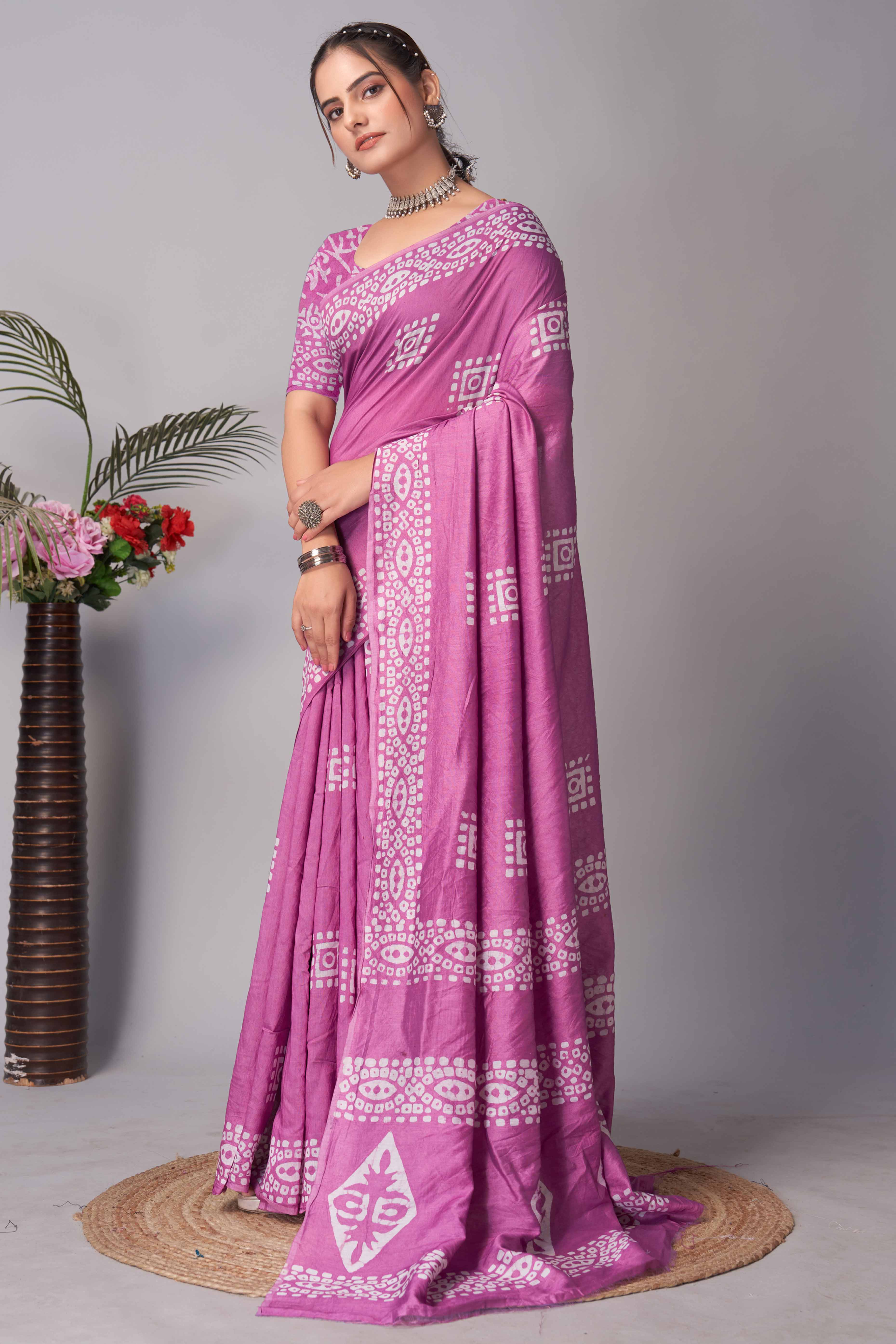 Pink Batik Printed Chanderi Cotton Silk Saree - Image 4