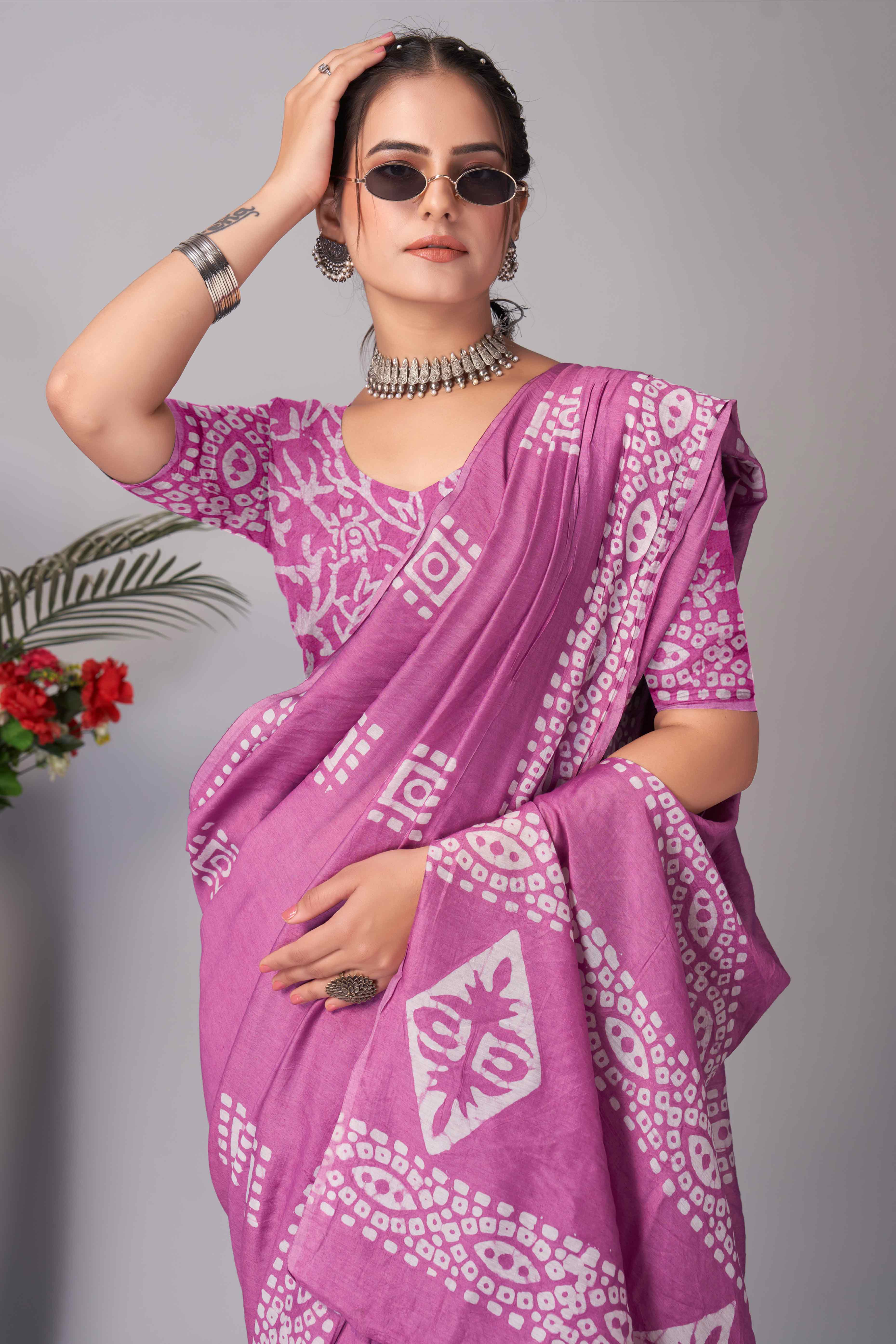 Pink Batik Printed Chanderi Cotton Silk Saree - Image 6