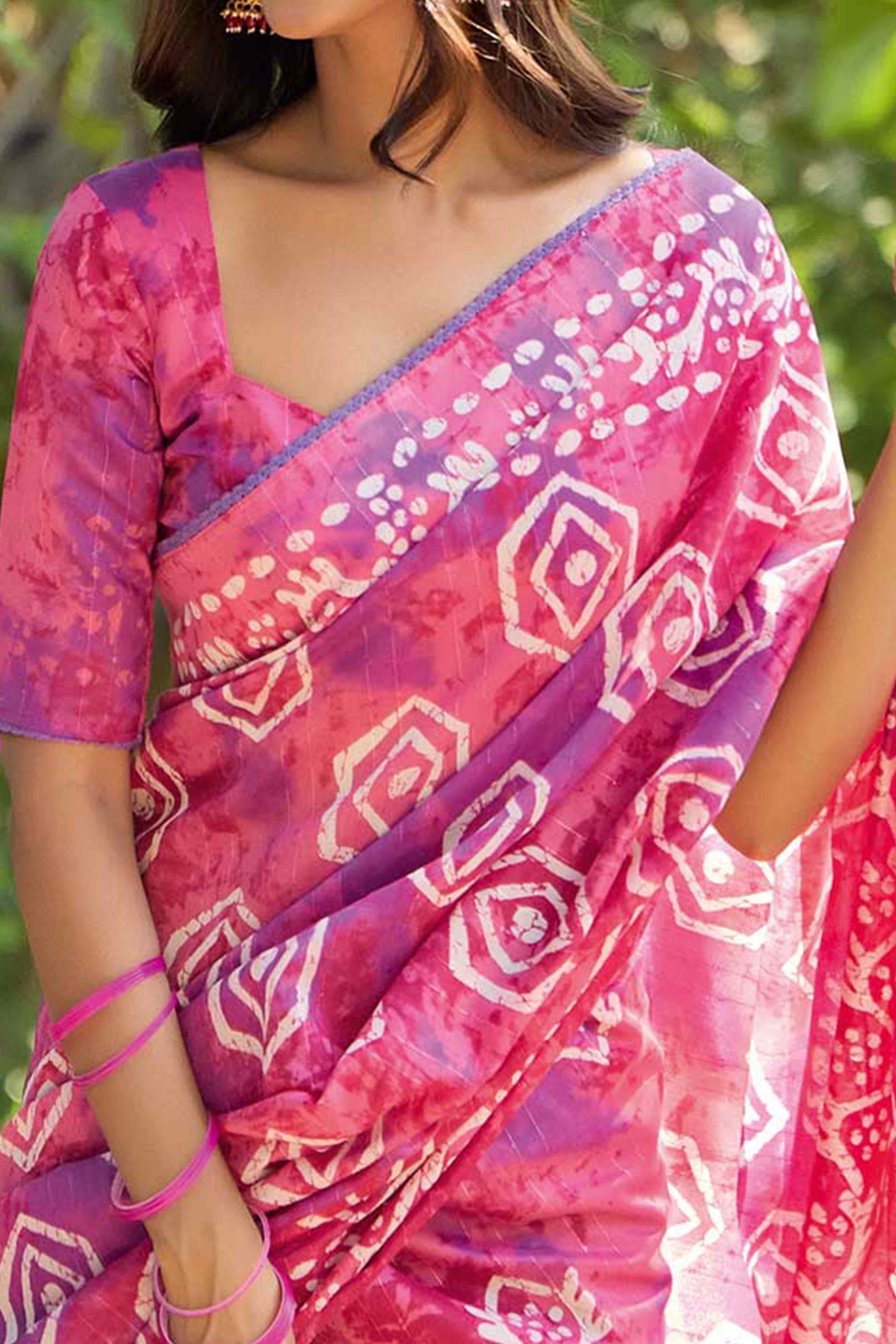 Pink Batik Printed Cotton Silk Saree - Image 2