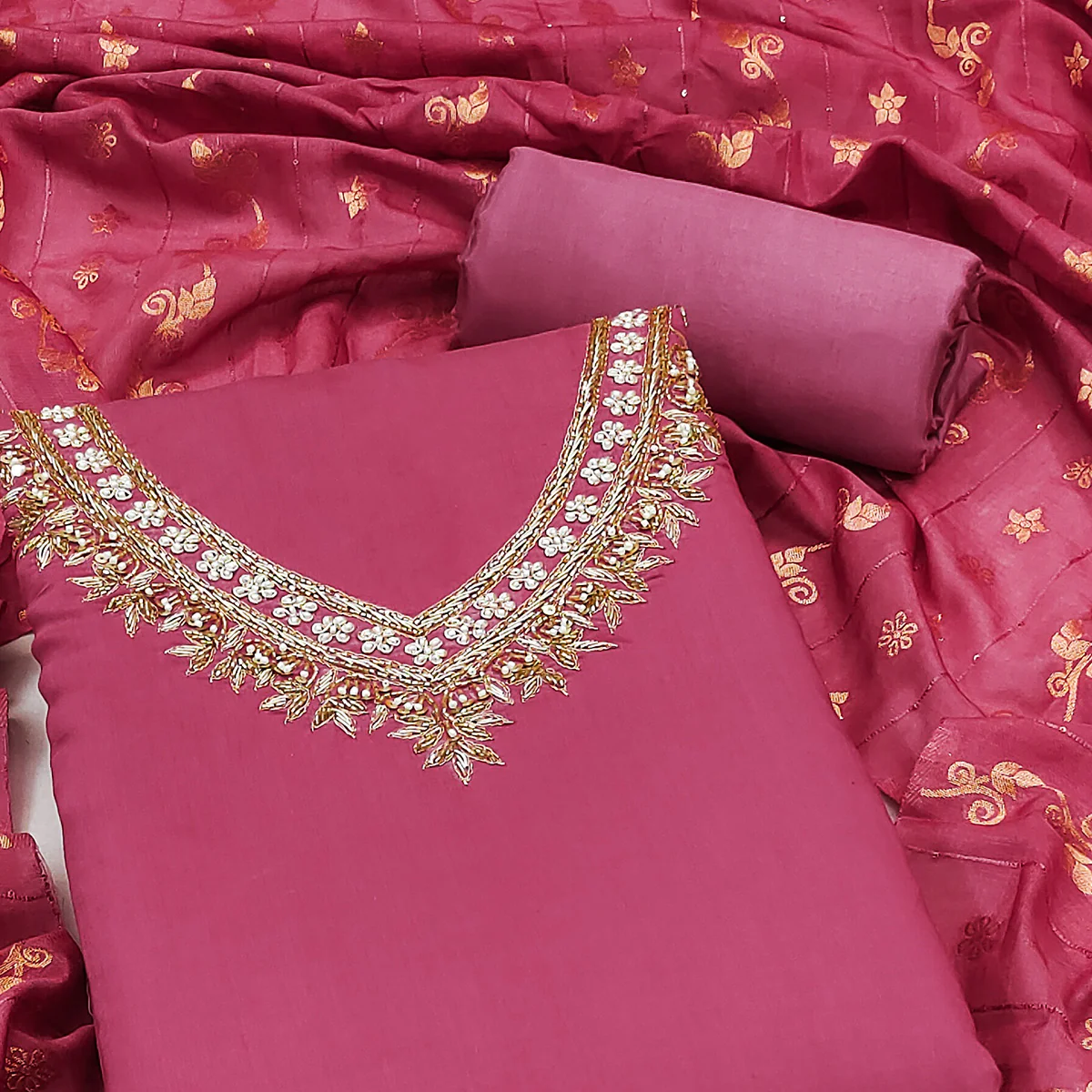 Pink Beads Embroidered Viscose Dress Material - Image 2