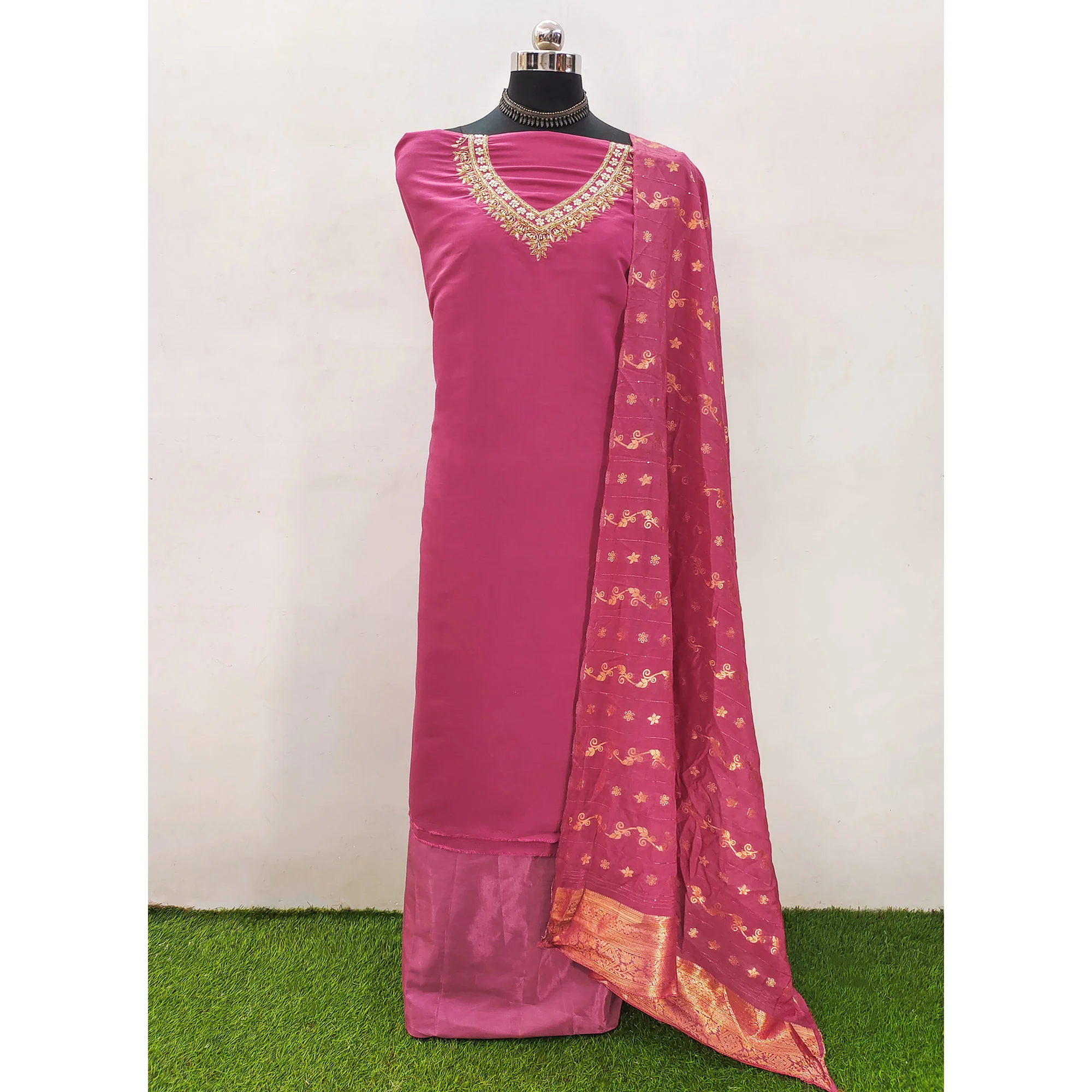Pink Beads Embroidered Viscose Dress Material - Image 3