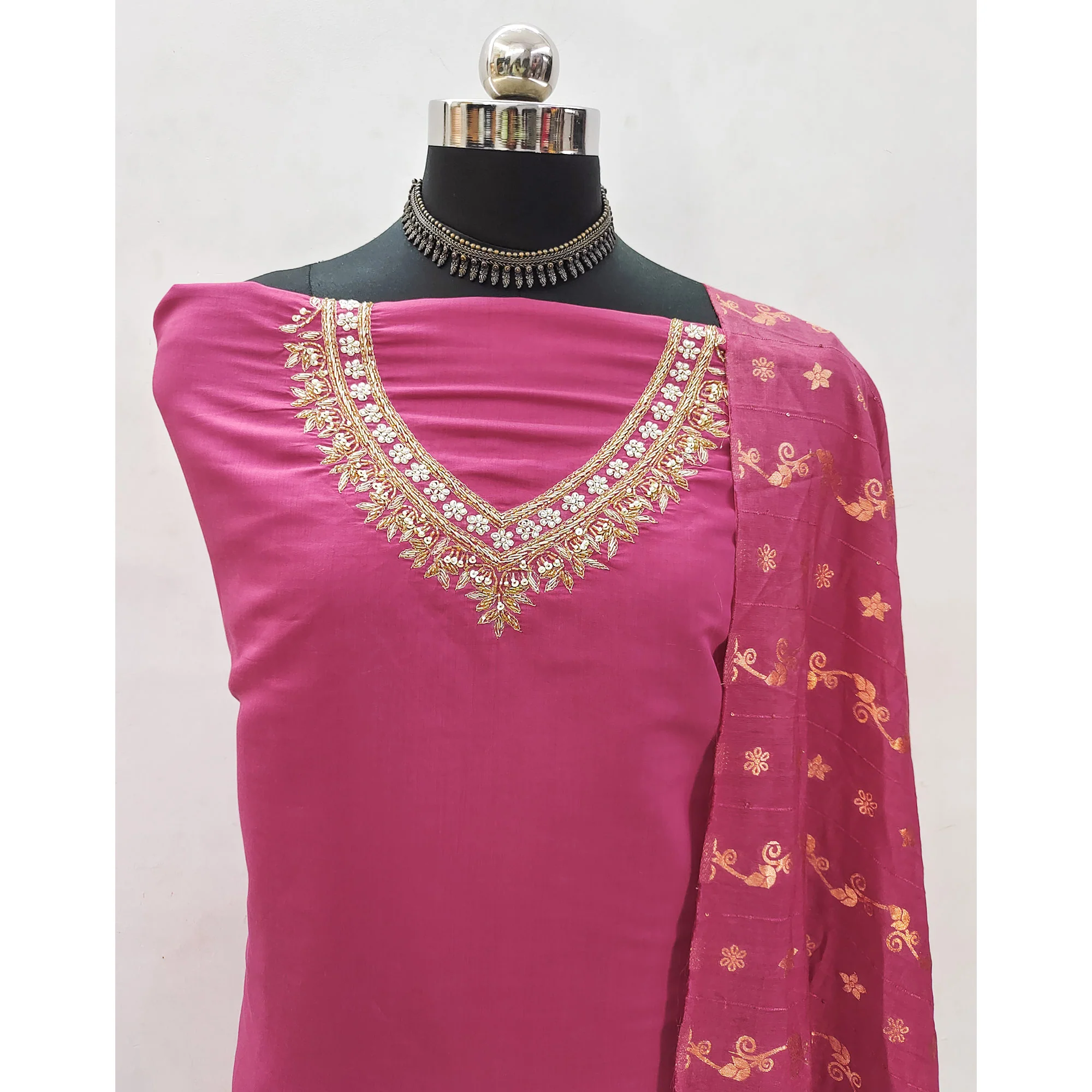 Pink Beads Embroidered Viscose Dress Material - Image 4