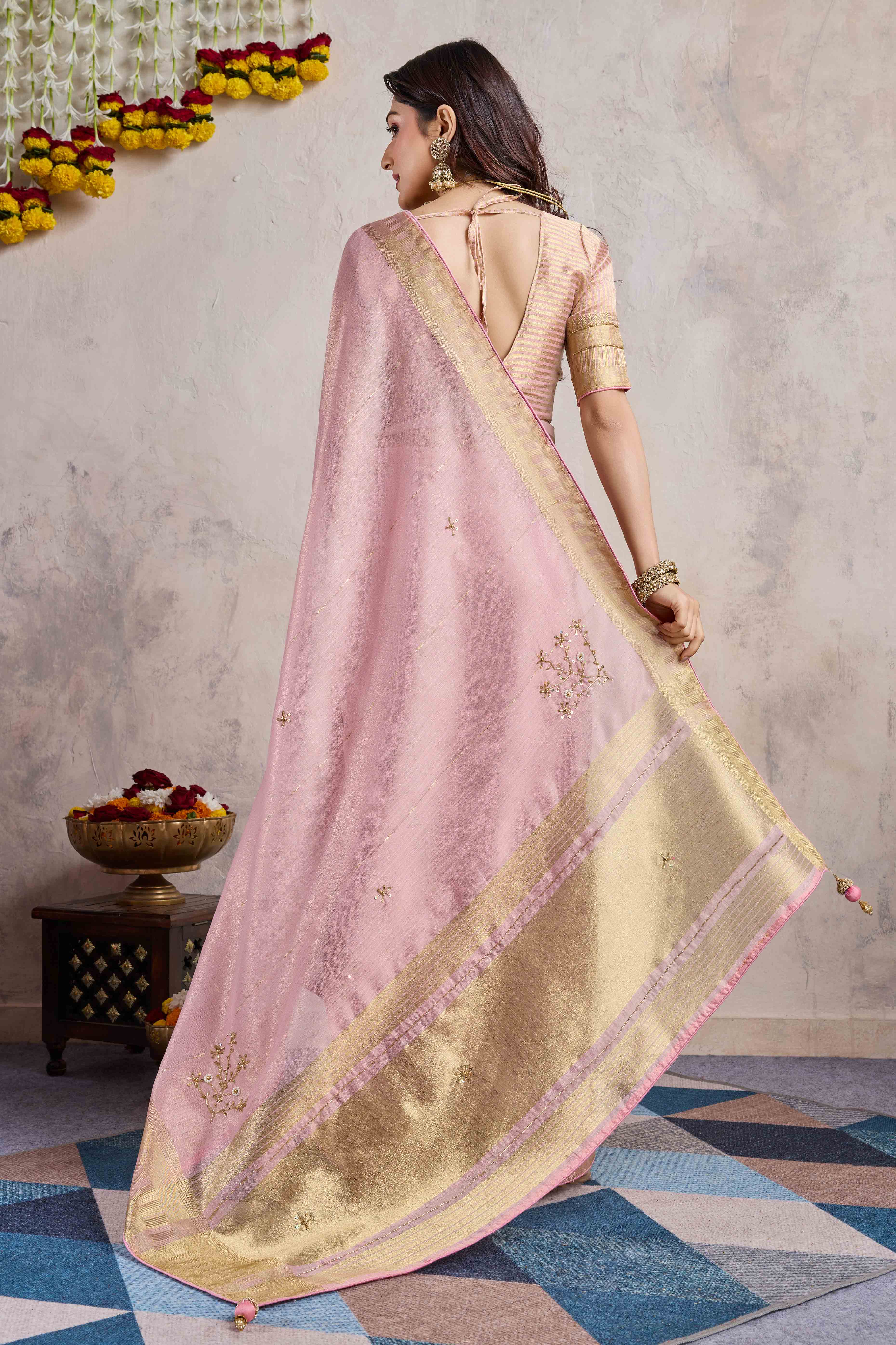 Pink Beads Work Woven Linen Slub Saree - Image 6