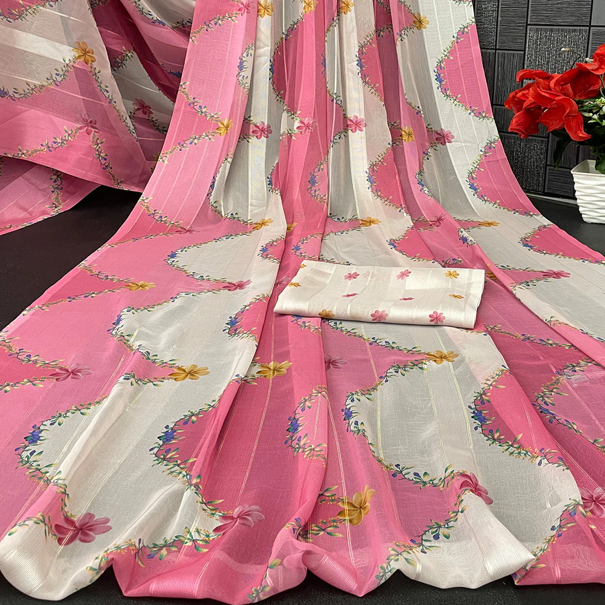 Pink Bloom Floral Digital Printed Georgette Saree Accentuated With Graceful Zari Stripes - Image 2