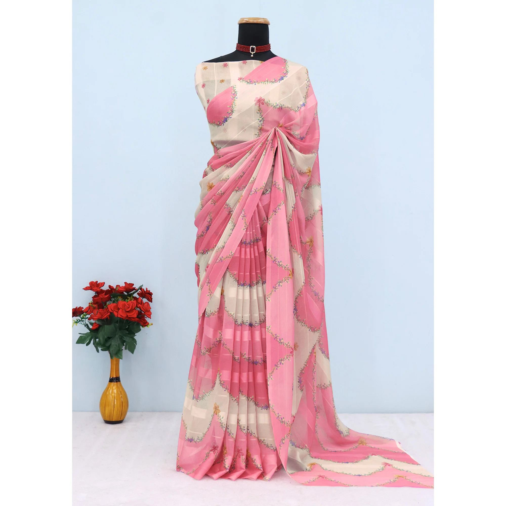 Pink Bloom Floral Digital Printed Georgette Saree Accentuated With Graceful Zari Stripes - Image 3
