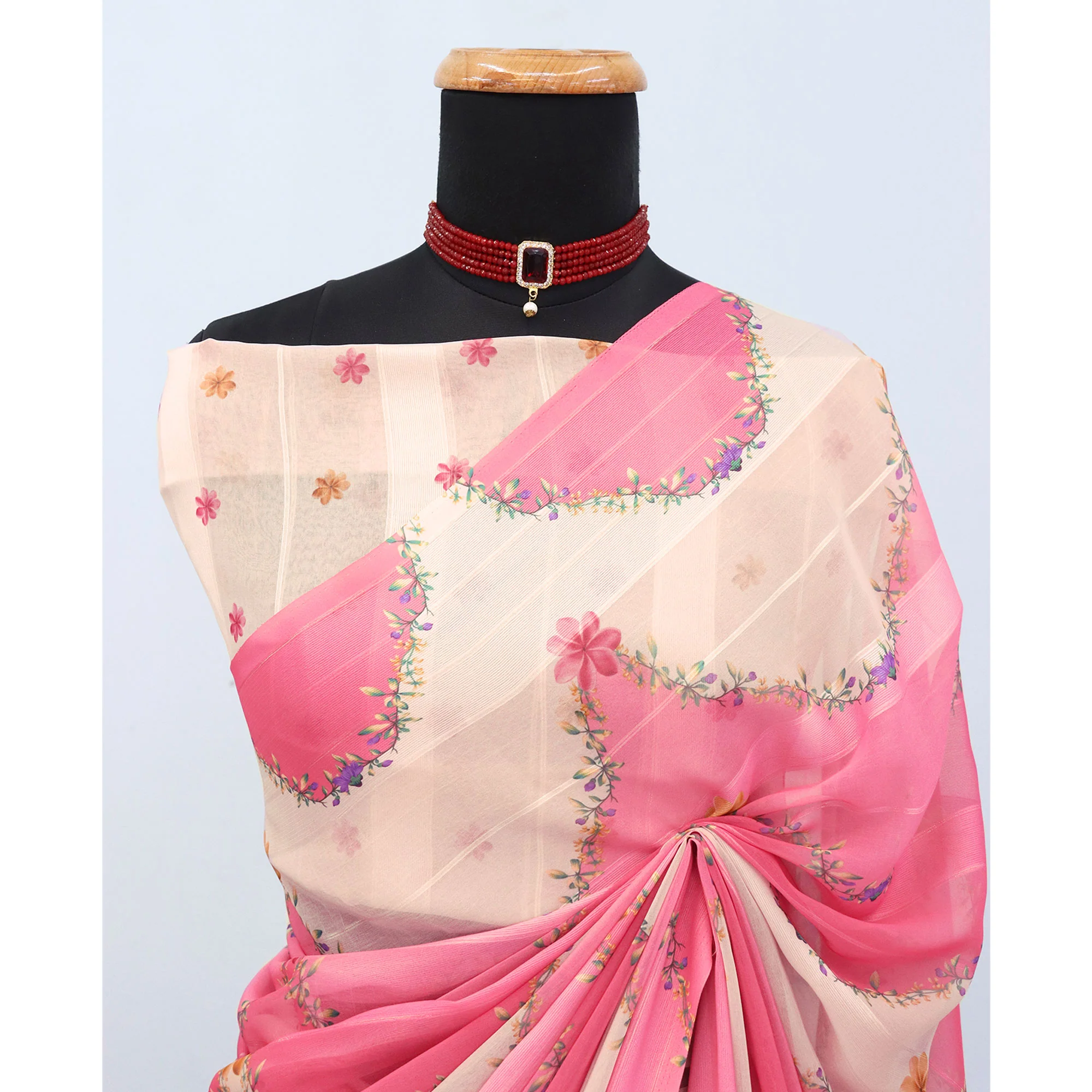Pink Bloom Floral Digital Printed Georgette Saree Accentuated With Graceful Zari Stripes - Image 4