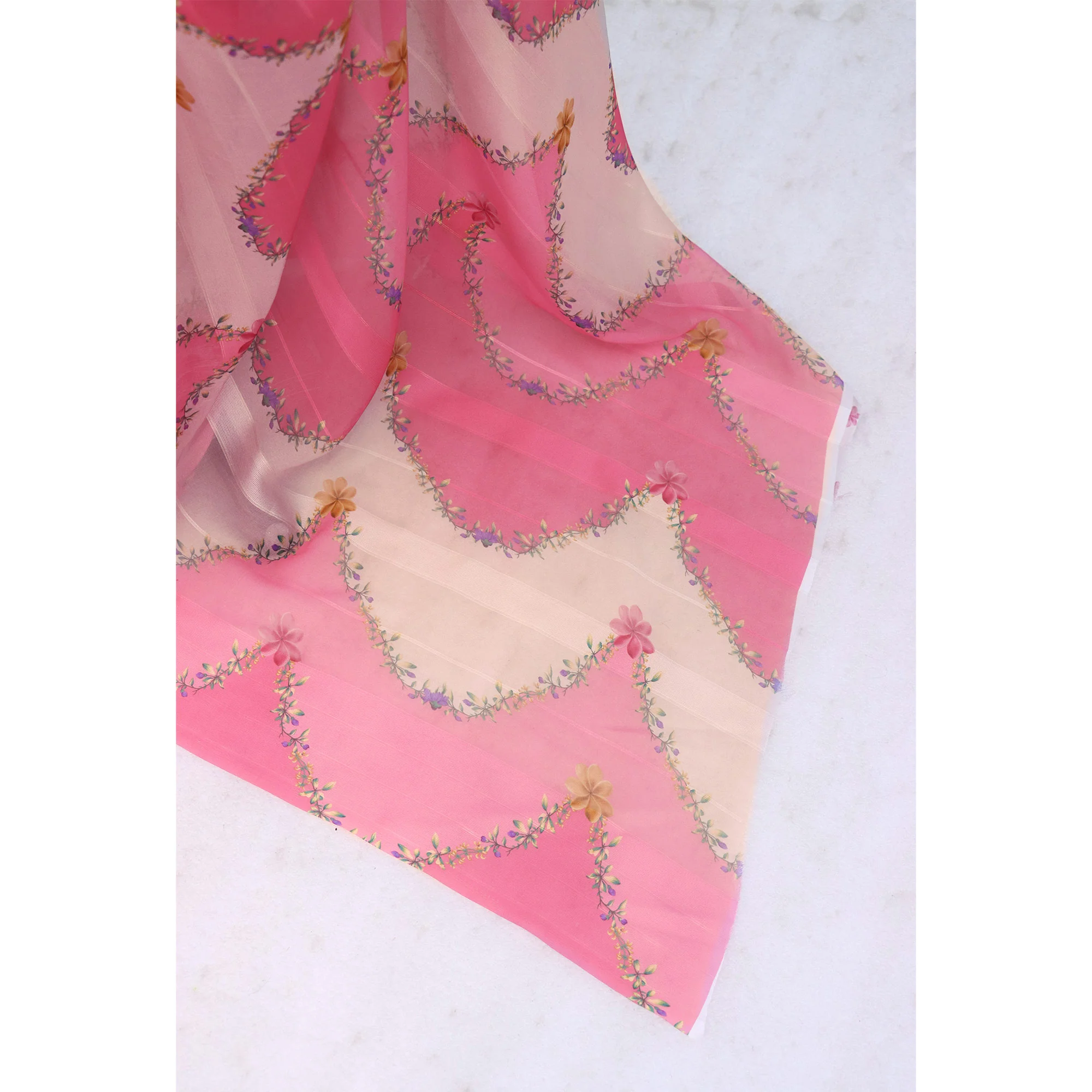 Pink Bloom Floral Digital Printed Georgette Saree Accentuated With Graceful Zari Stripes - Image 5