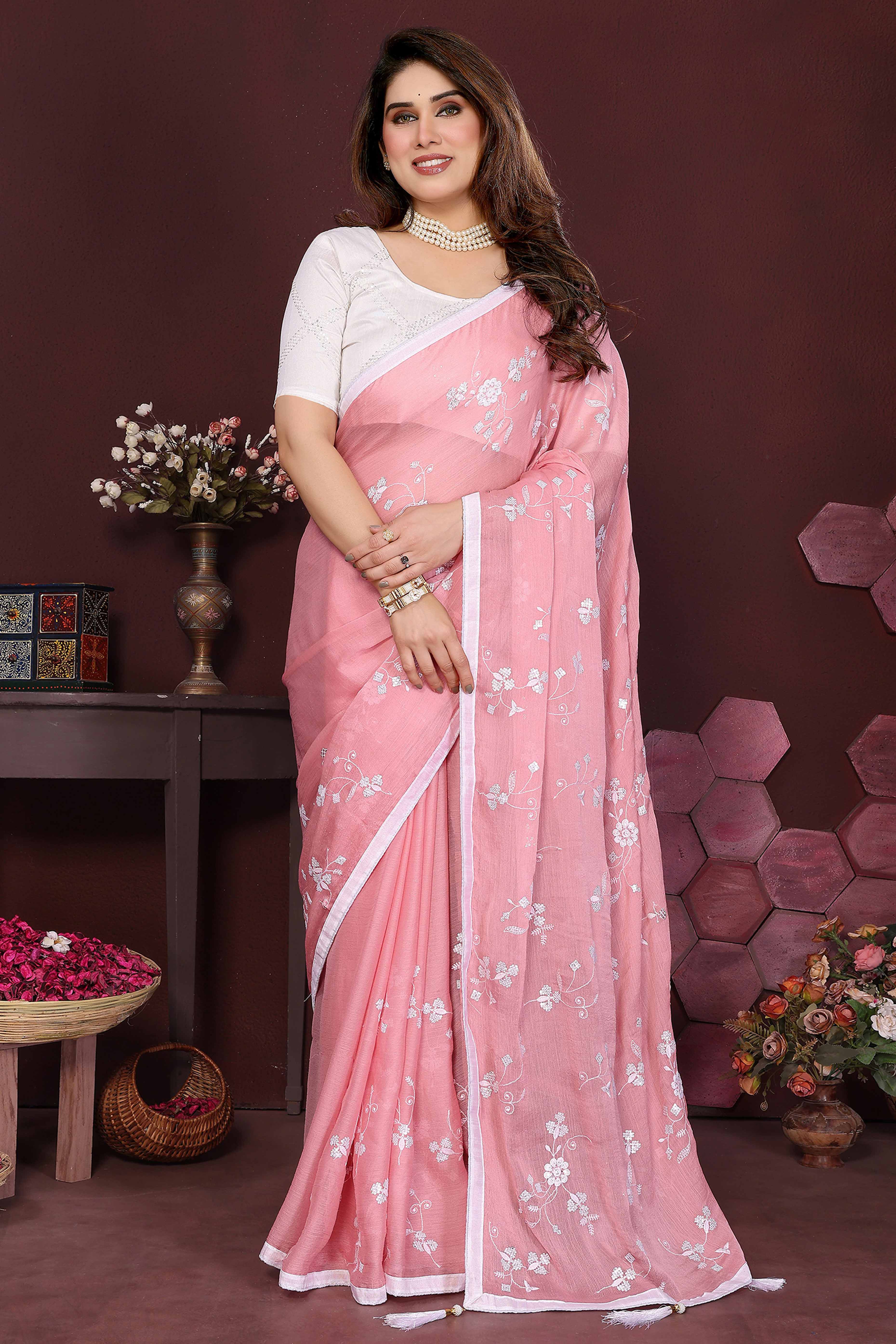 Pink Bloom Saree adorned with Moss Floral Embroidery and Delicate Lace Border - Image 3