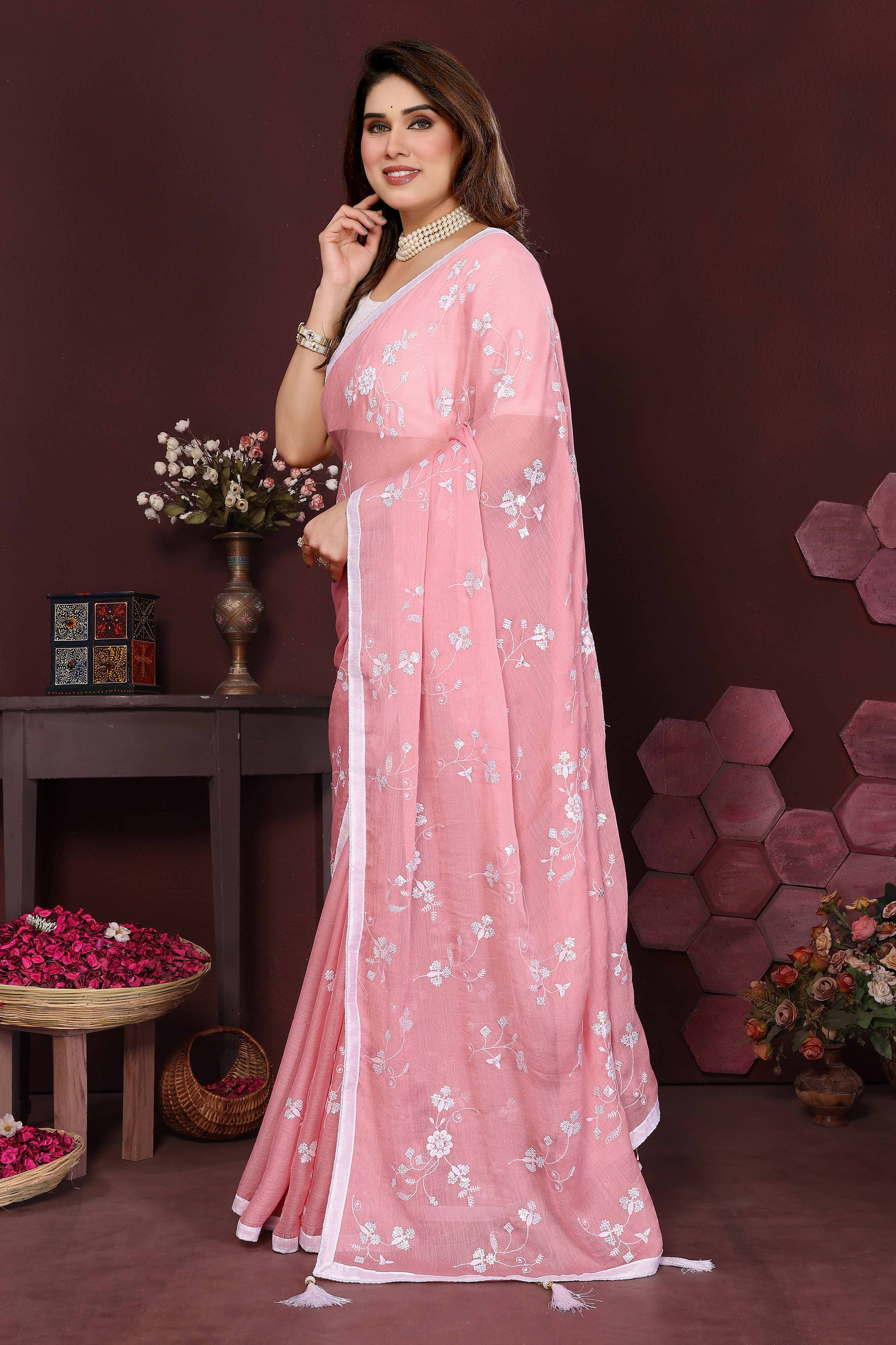 Pink Bloom Saree adorned with Moss Floral Embroidery and Delicate Lace Border - Image 4