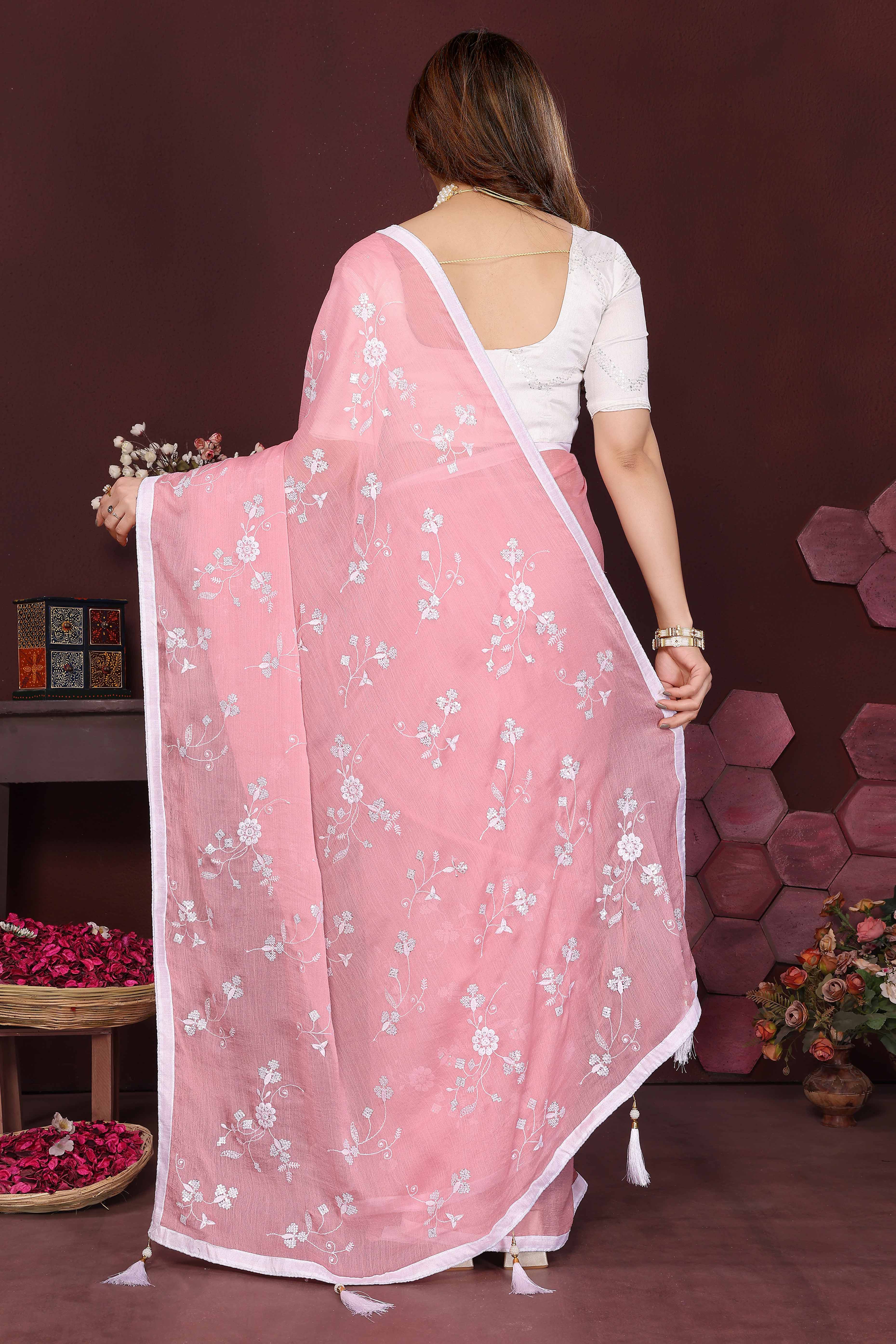 Pink Bloom Saree adorned with Moss Floral Embroidery and Delicate Lace Border - Image 5