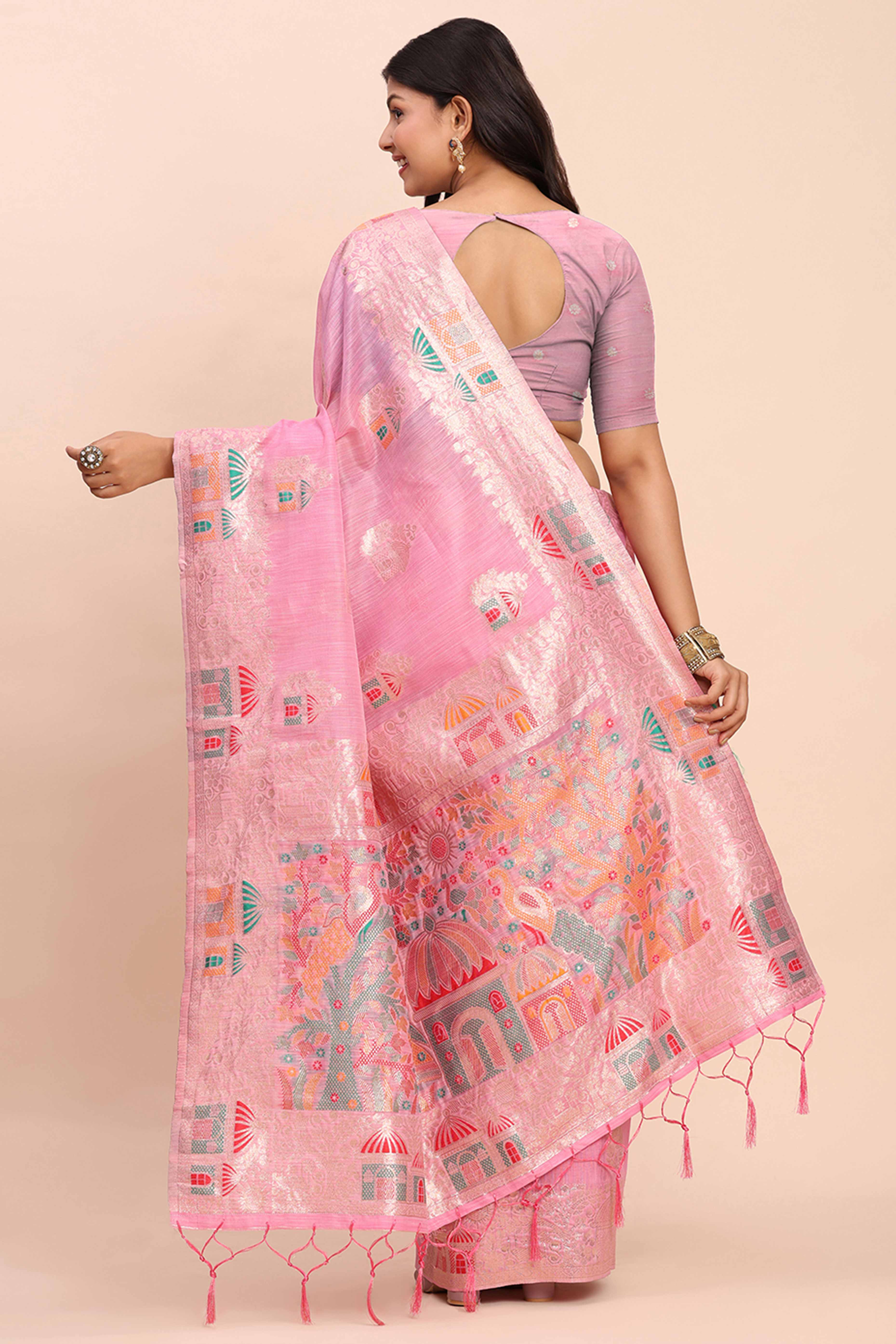 Pink Bloom Zari Woven Linen Cotton Saree Adorned With Floral Motifs & A Tassel Finish - Image 6