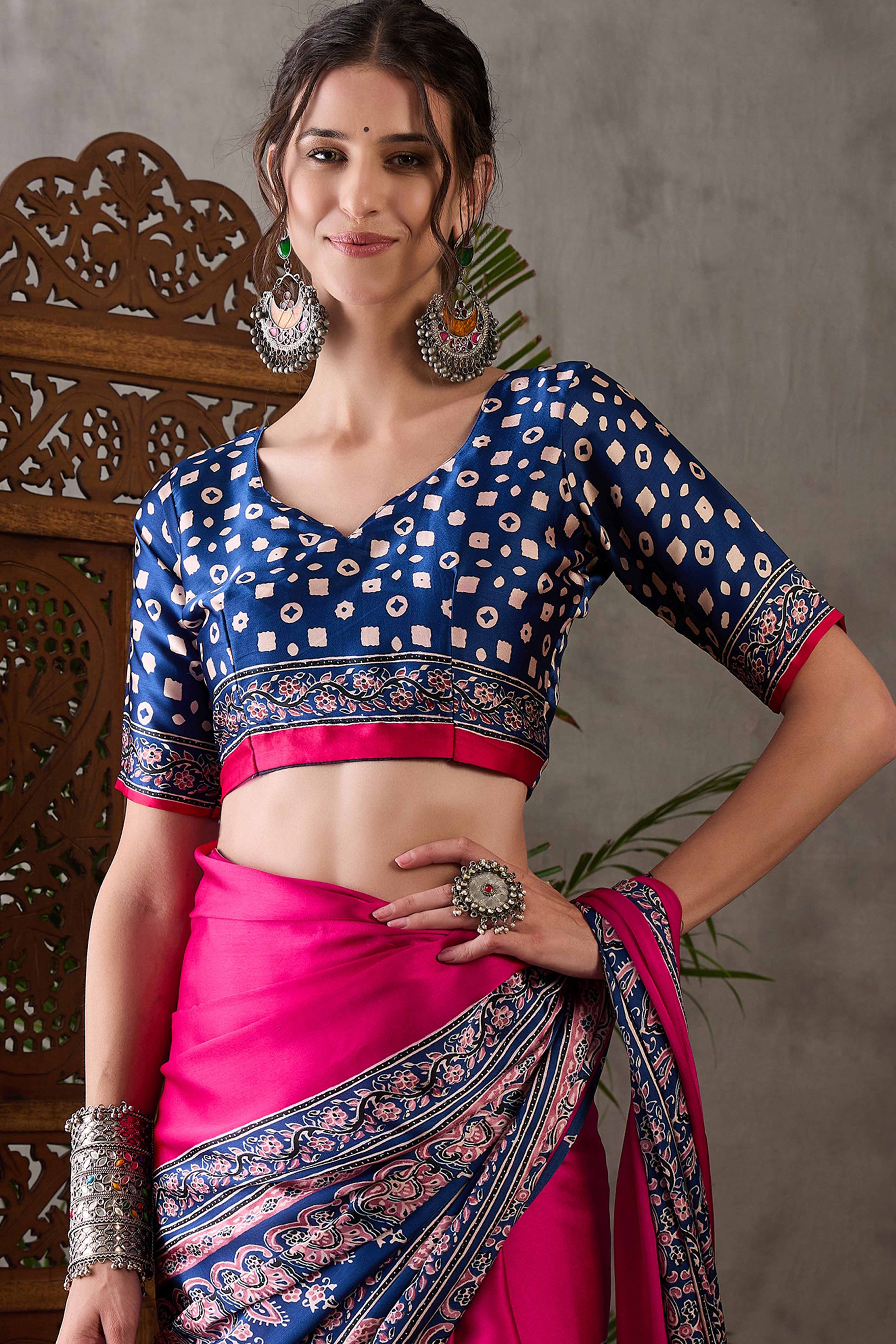 Pink & Blue Ajrakh Printed Modal Satin Saree with Elegant Party Wear Appeal - Image 7
