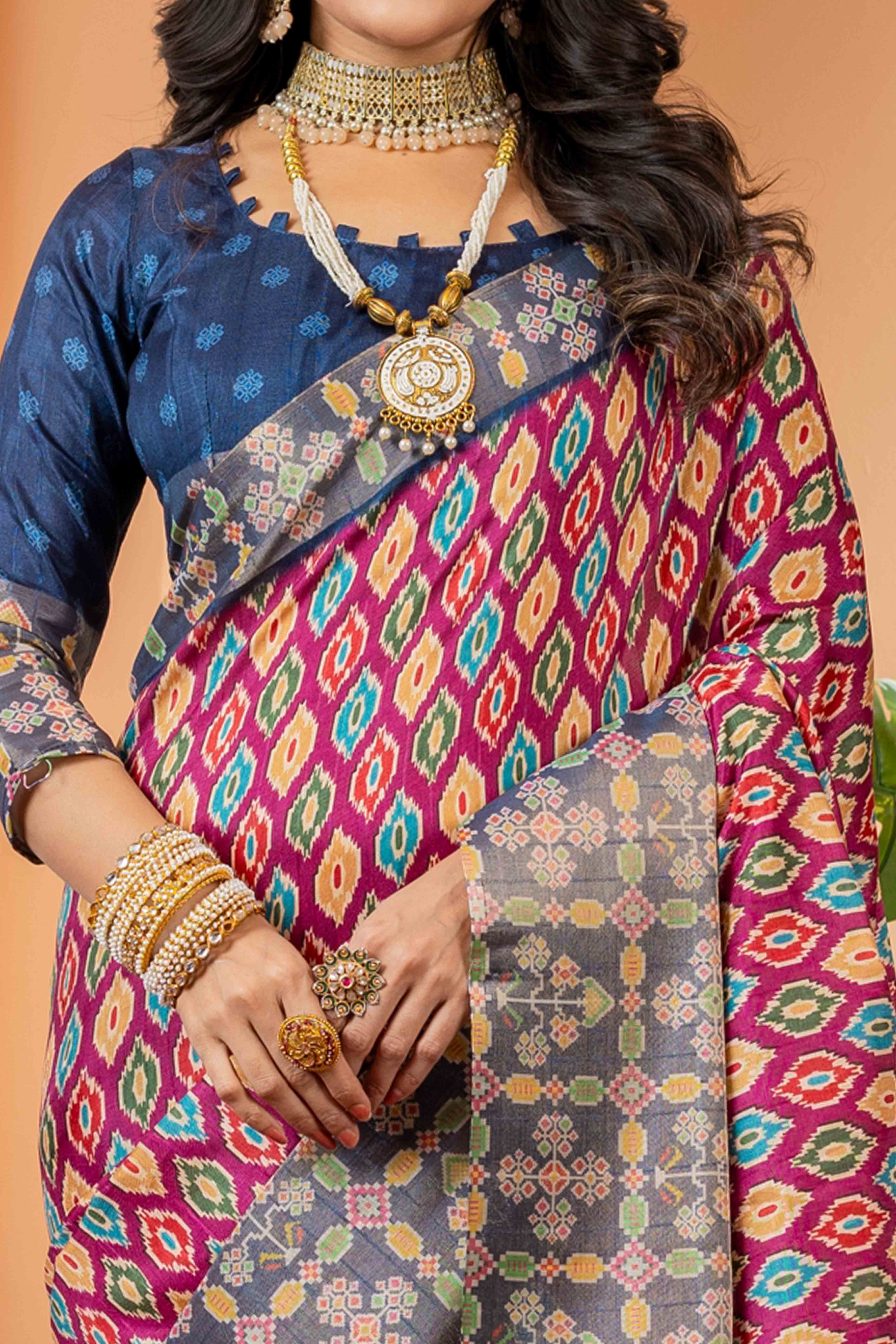 Pink & Blue Cotton Silk Saree with Digital Abstract Prints - Image 2