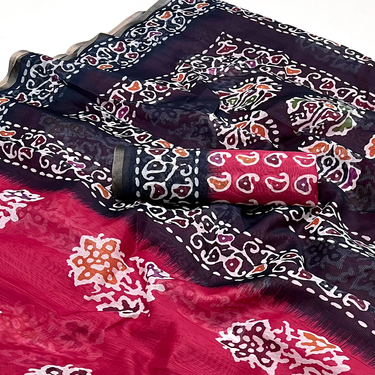 Pink & Blue Digital Printed Linen Saree With Zari Border - Image 2