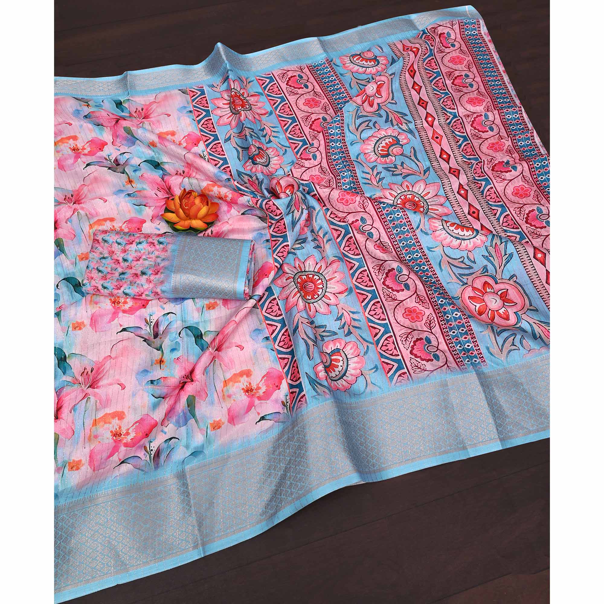 Pink & Blue Floral Printed Dola Silk Saree With Elegant Silver Zari & Intricate Weaving Border - Image 4