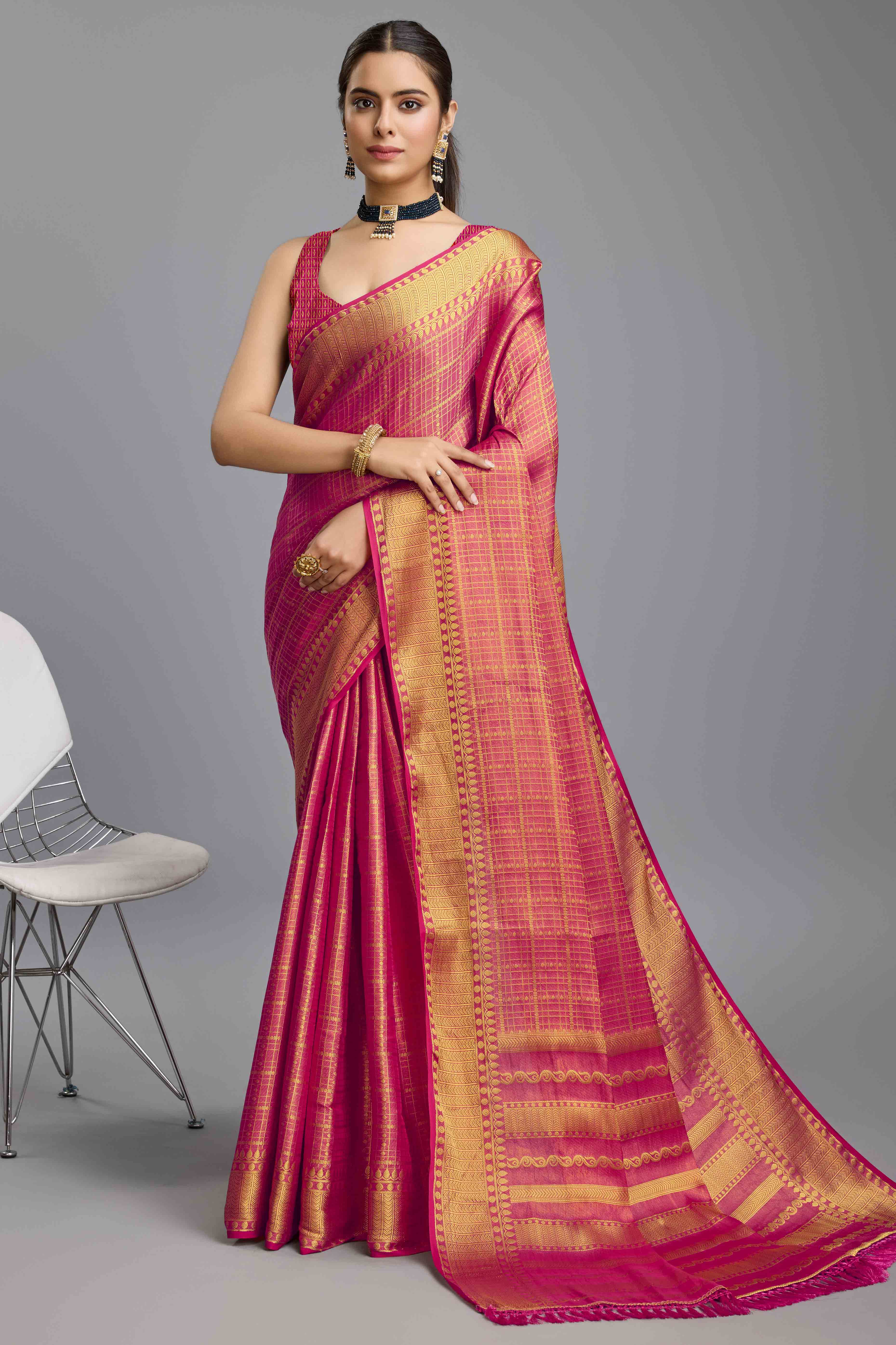 Pink Brocade Zari Weaving Mysore Silk Saree - Image 3